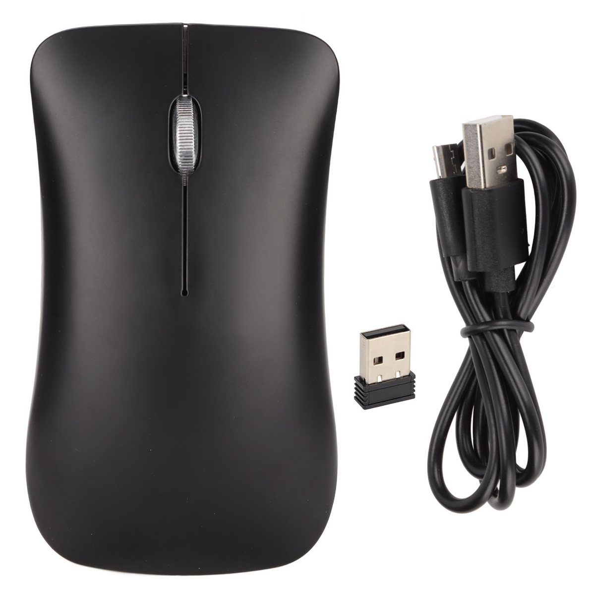 Schwarze kabellose Maus mit USB-Empfänger und Ladekabel. Die Maus hat ein Scrollrad und ein schlankes Design.