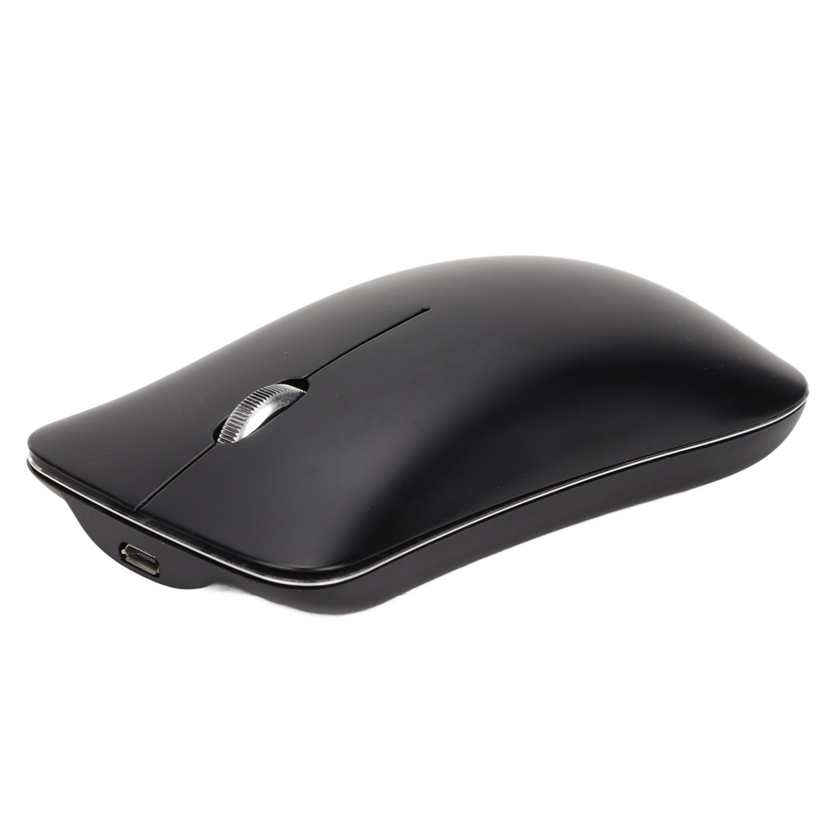 Schwarze kabellose Maus auf weißem Hintergrund. Silbernes Scrollrad. Modernes Design.