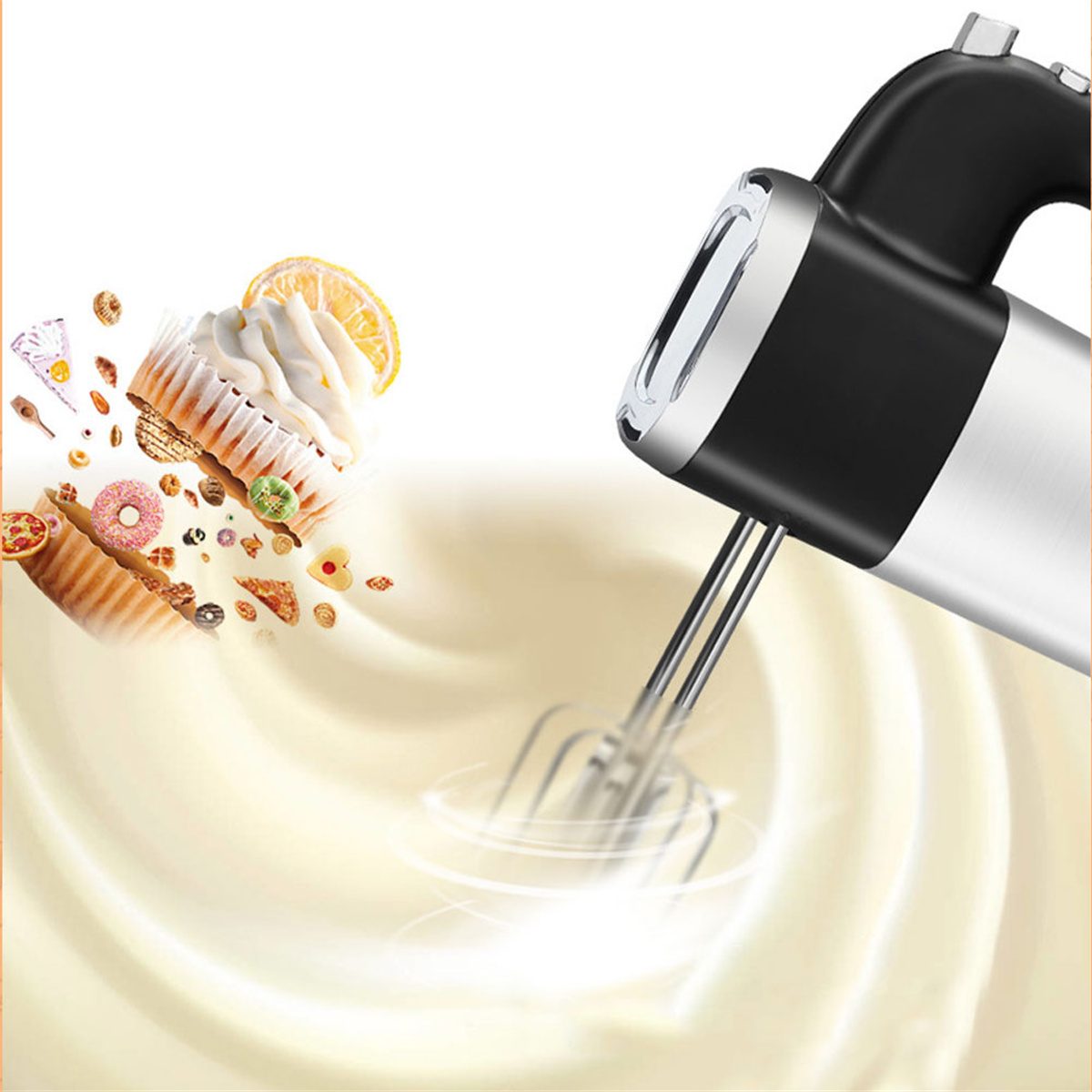 Ein elektrischer Mixer, der Sahne verrührt, mit Cupcakes und Donuts in der Nähe.
