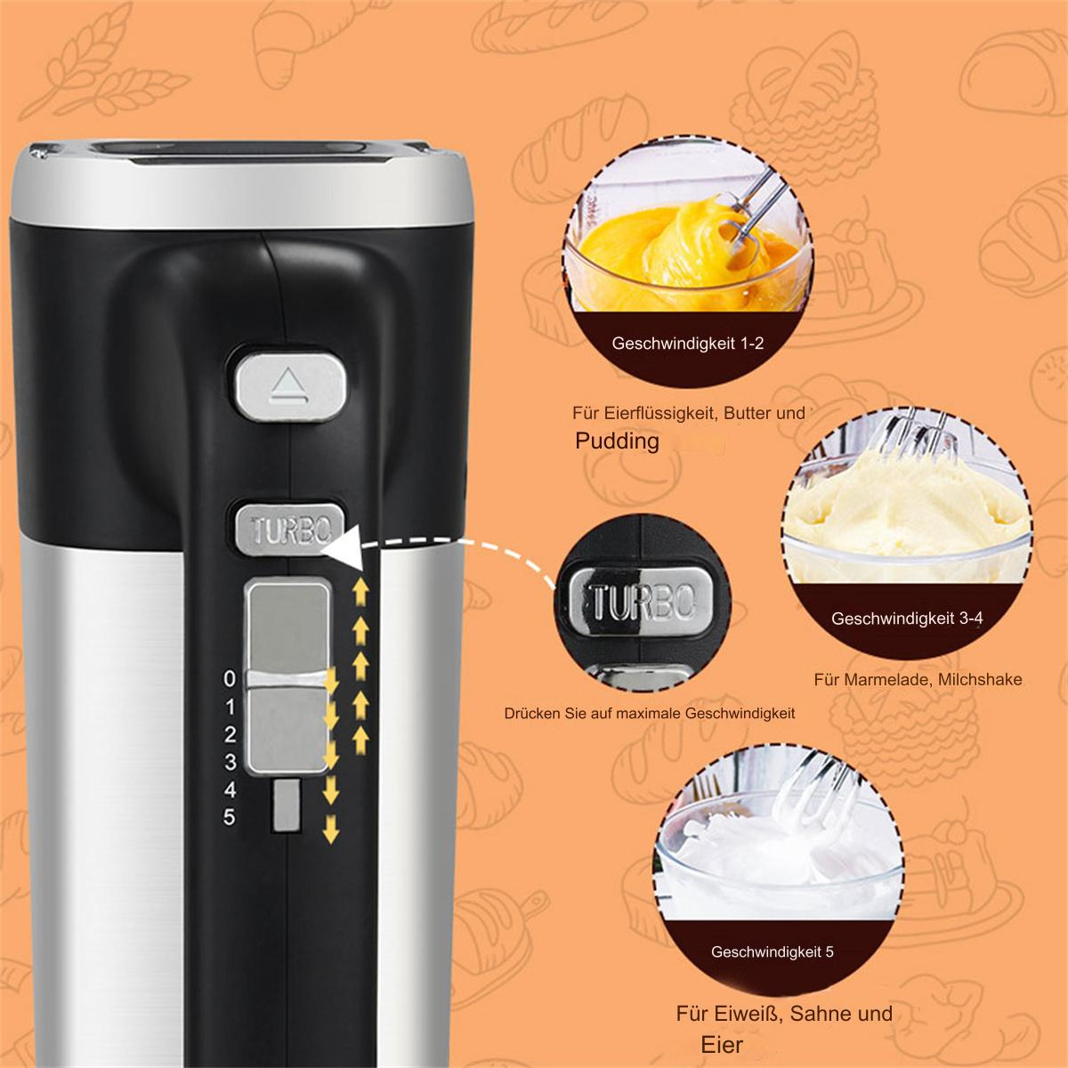 Handmixer mit Geschwindigkeitseinstellungen. Enthält Bilder von gemischten Zutaten: Eier, Butter und Pudding.