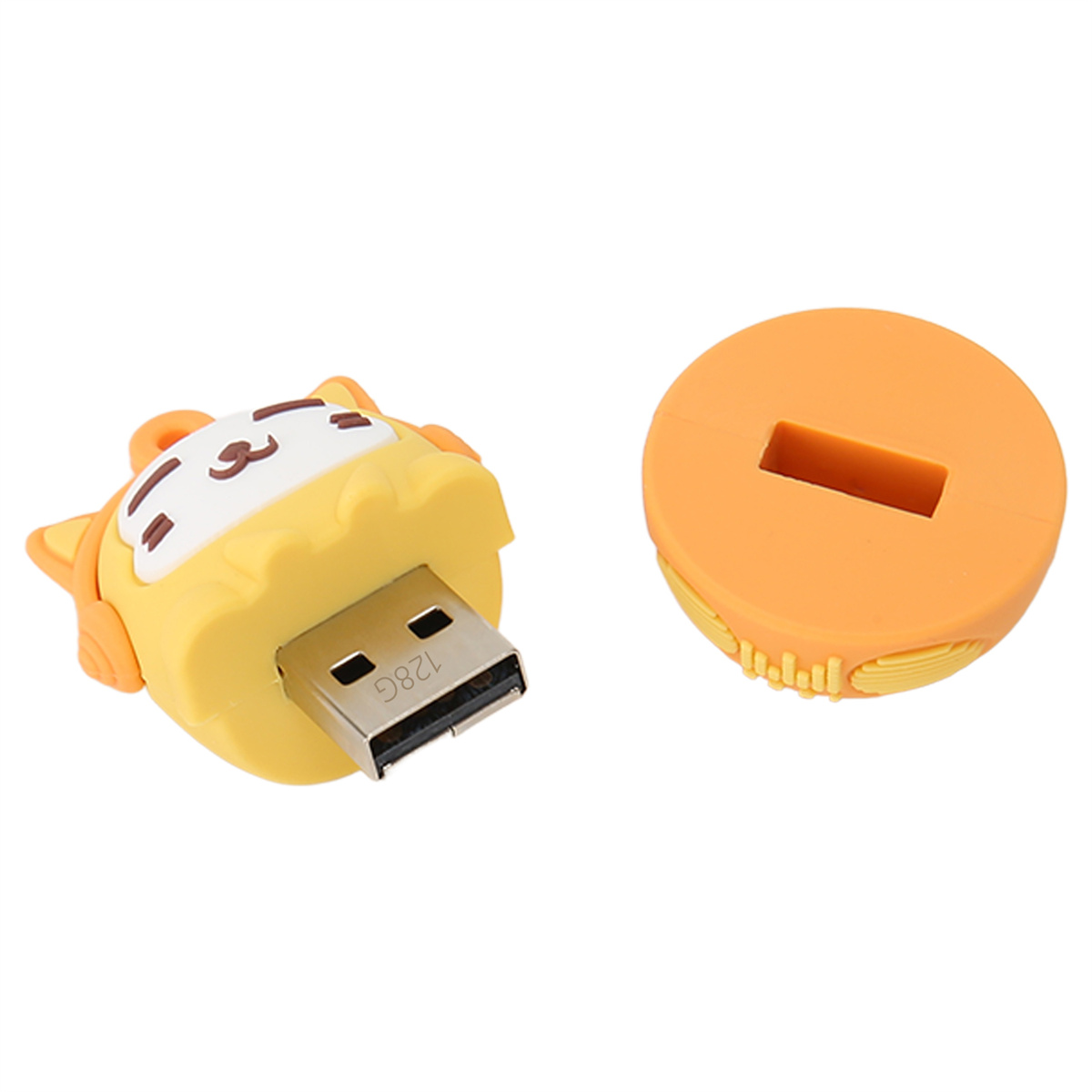 Ein gelber und orangefarbener USB-Stick in Form eines Katzenkopfes mit passender Abdeckung.