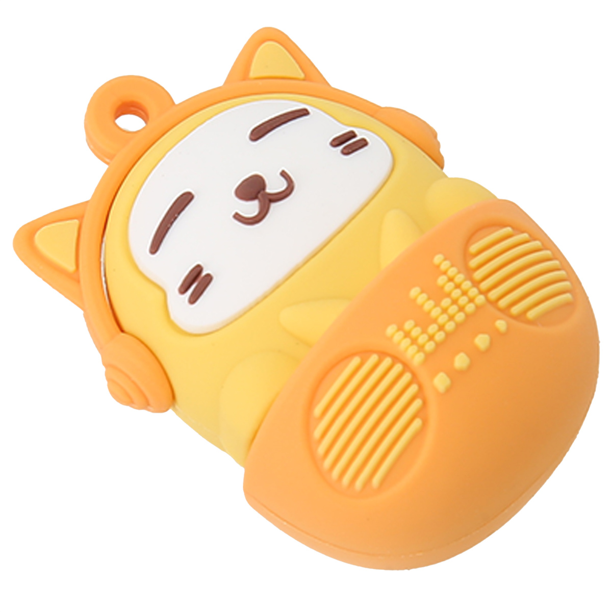 Ein gelber, katzenförmiger USB-Stick mit Kopfhörern und einem orangefarbenen Lautsprecher.
