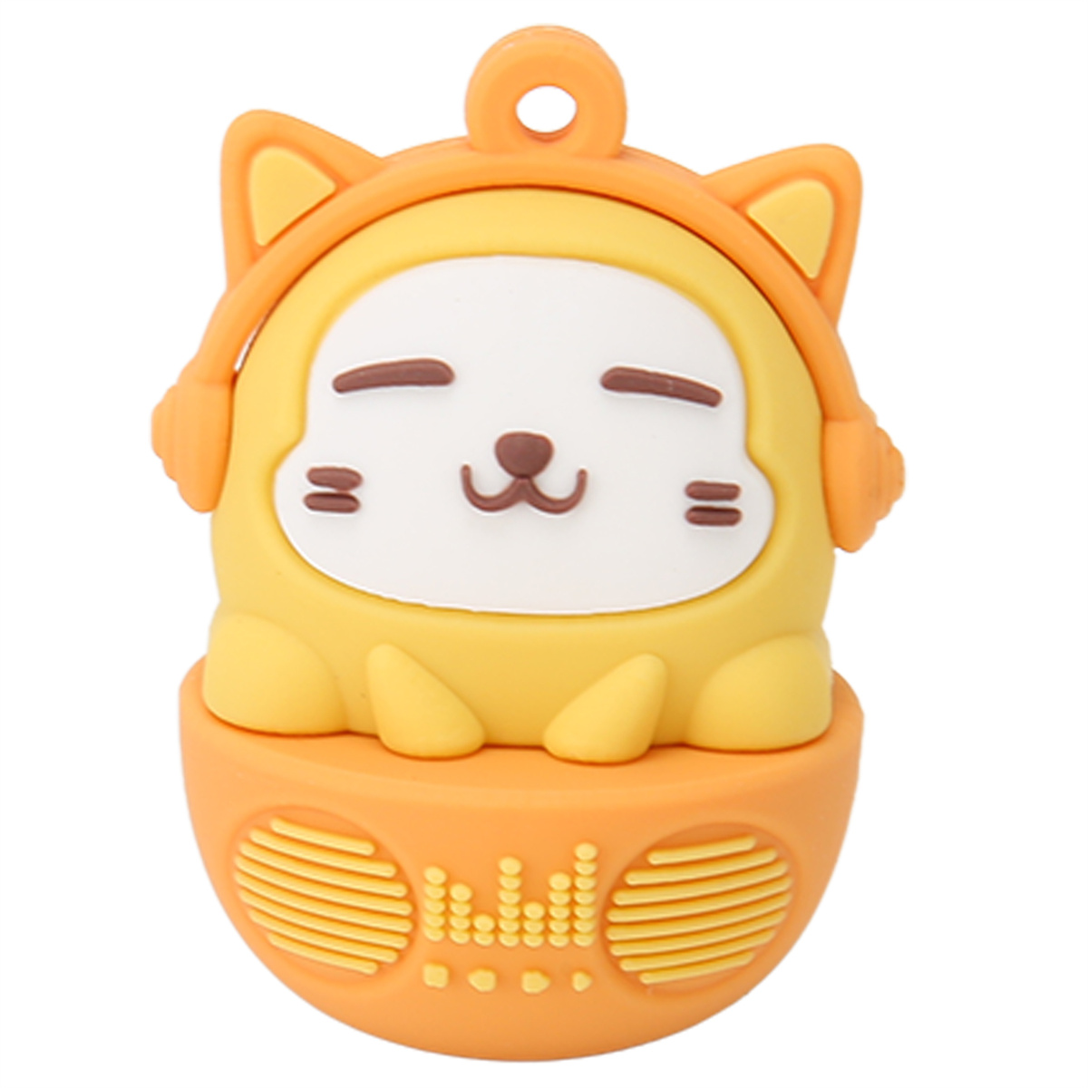 Ein gelber USB-Stick in Katzenform mit Kopfhörern. Er sitzt auf einem Lautsprecher mit Wellenmuster.