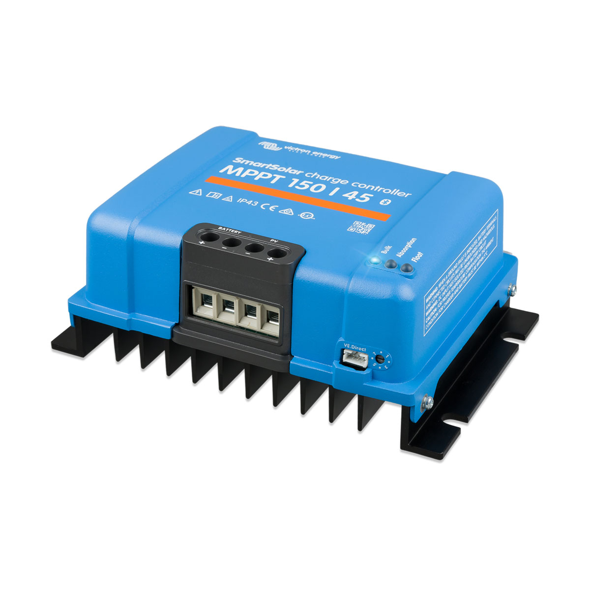 Blauer Victron Energy MPPT 150/45 SmartSolar Laderegler mit Anschlüssen und Anzeigen.