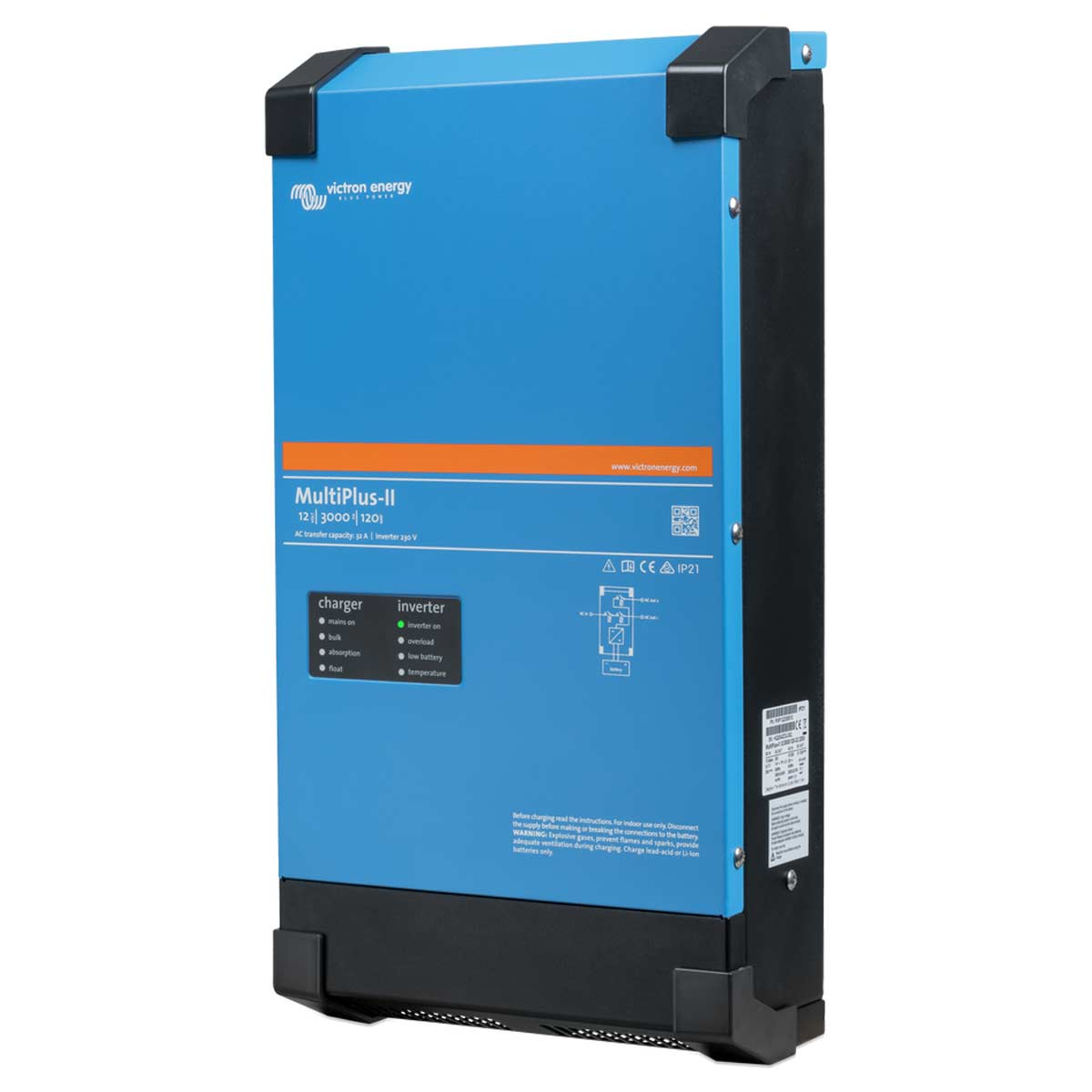 Blaues und schwarzes Victron Energy MultiPlus-II 12|3000|120-I Gerät, mit Etiketten und Anschlüssen.