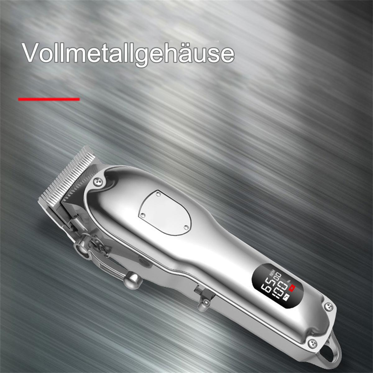 Silberner elektrischer Haarschneider mit Digitalanzeige für die Geschwindigkeit auf metallischer Oberfläche.