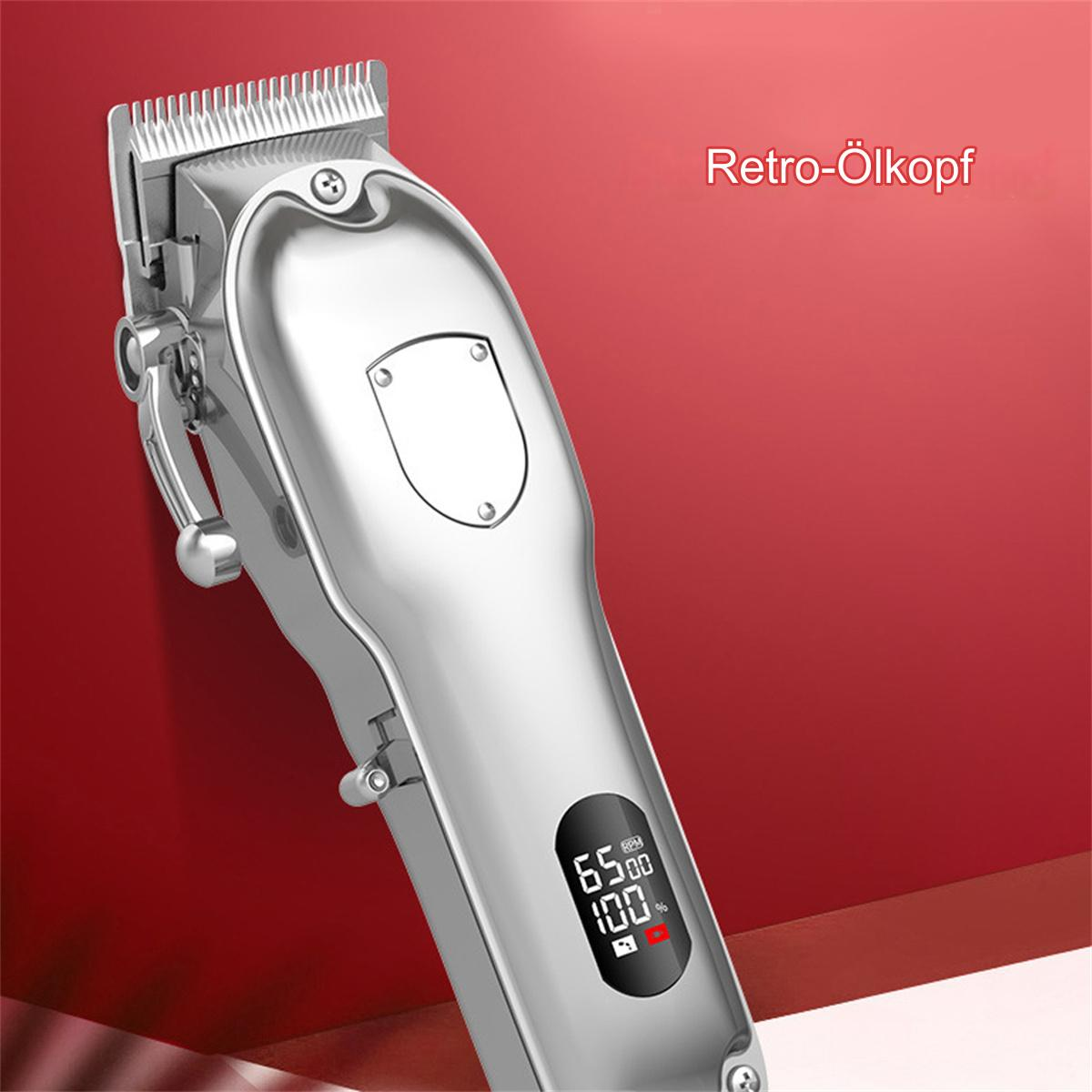 Silberner Haarschneider mit Digitalanzeige, roter Hintergrund. Text: Retro-Ölkopf.