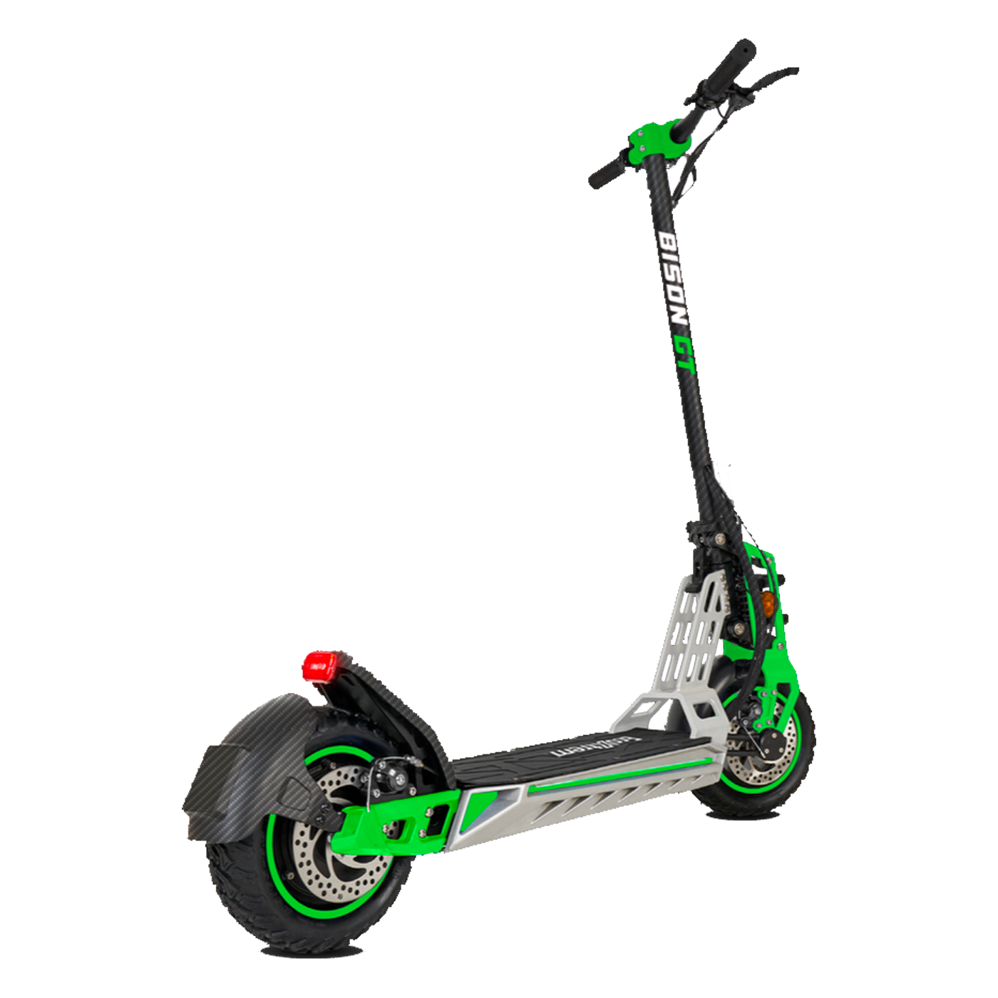 Scooter eléctrico verde y negro. Tiene manillar negro y un marco verde.