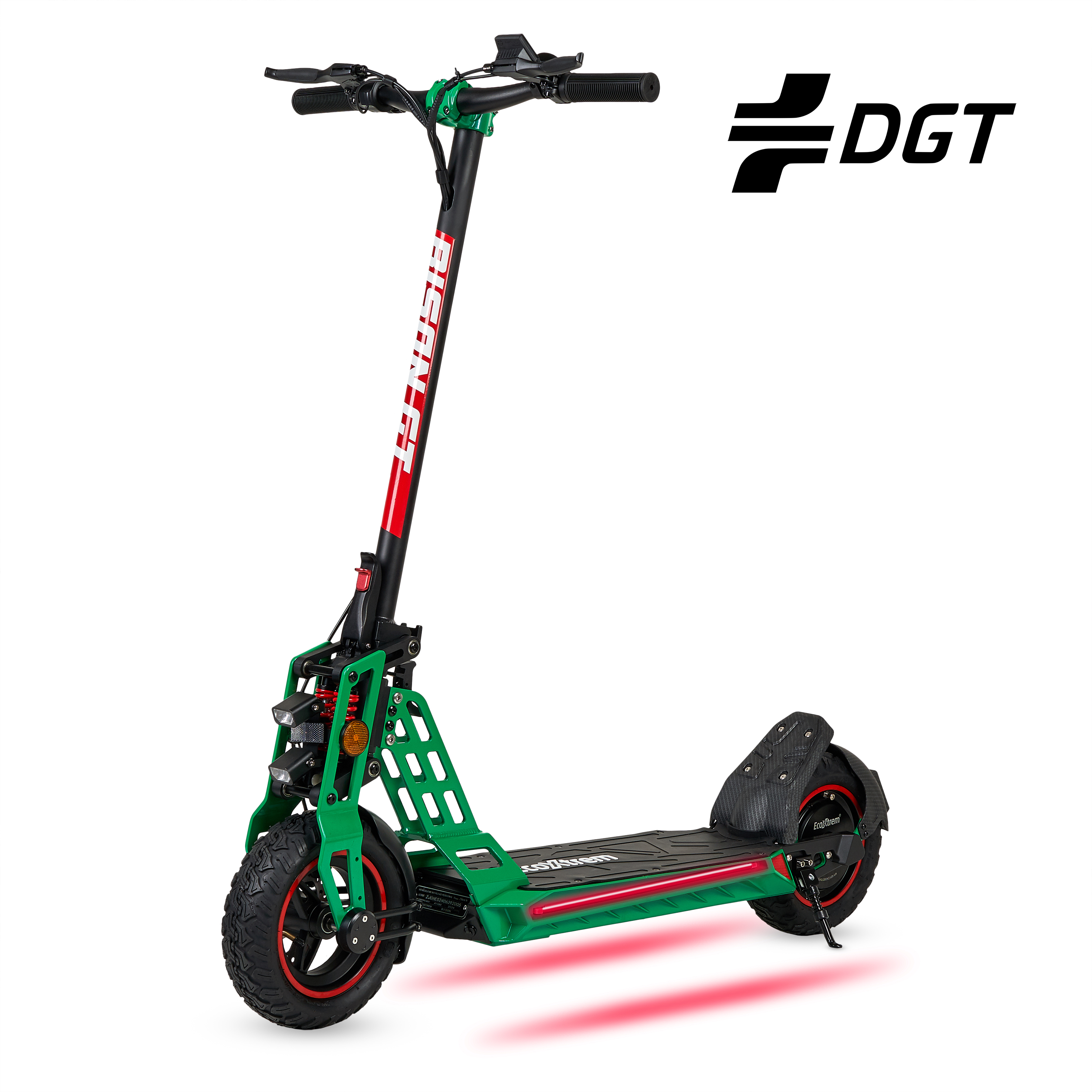 Scooter eléctrico verde, detalles rojos, neumáticos negros, logo DGT arriba.