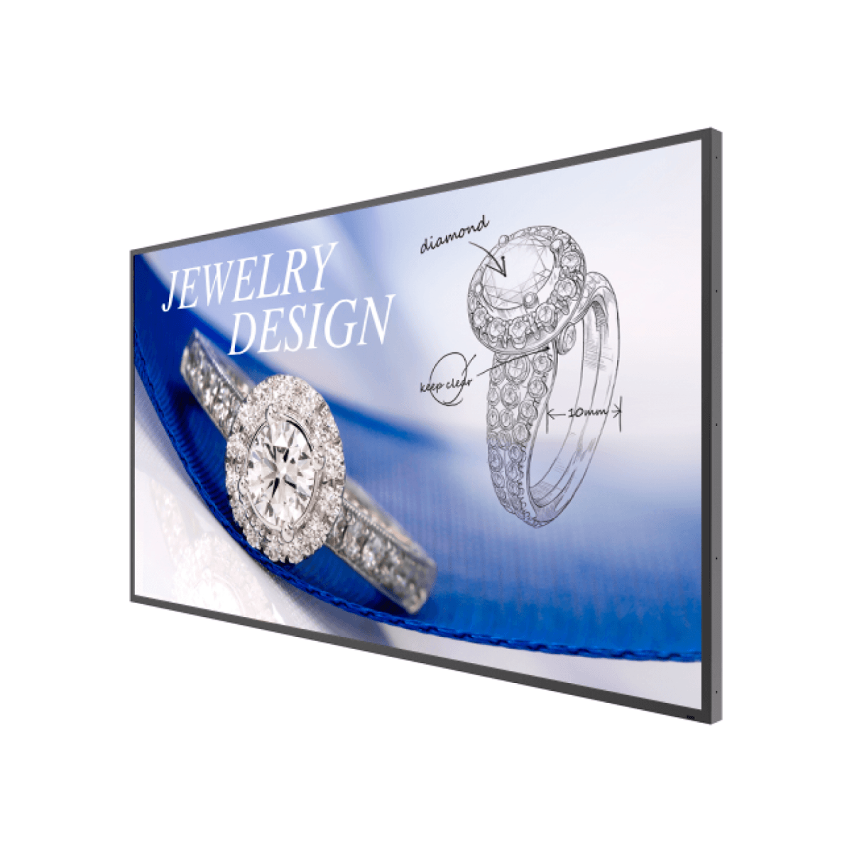 Un monitor di grandi dimensioni mostra un design di gioielli con un anello di diamanti e dettagli dello schizzo.