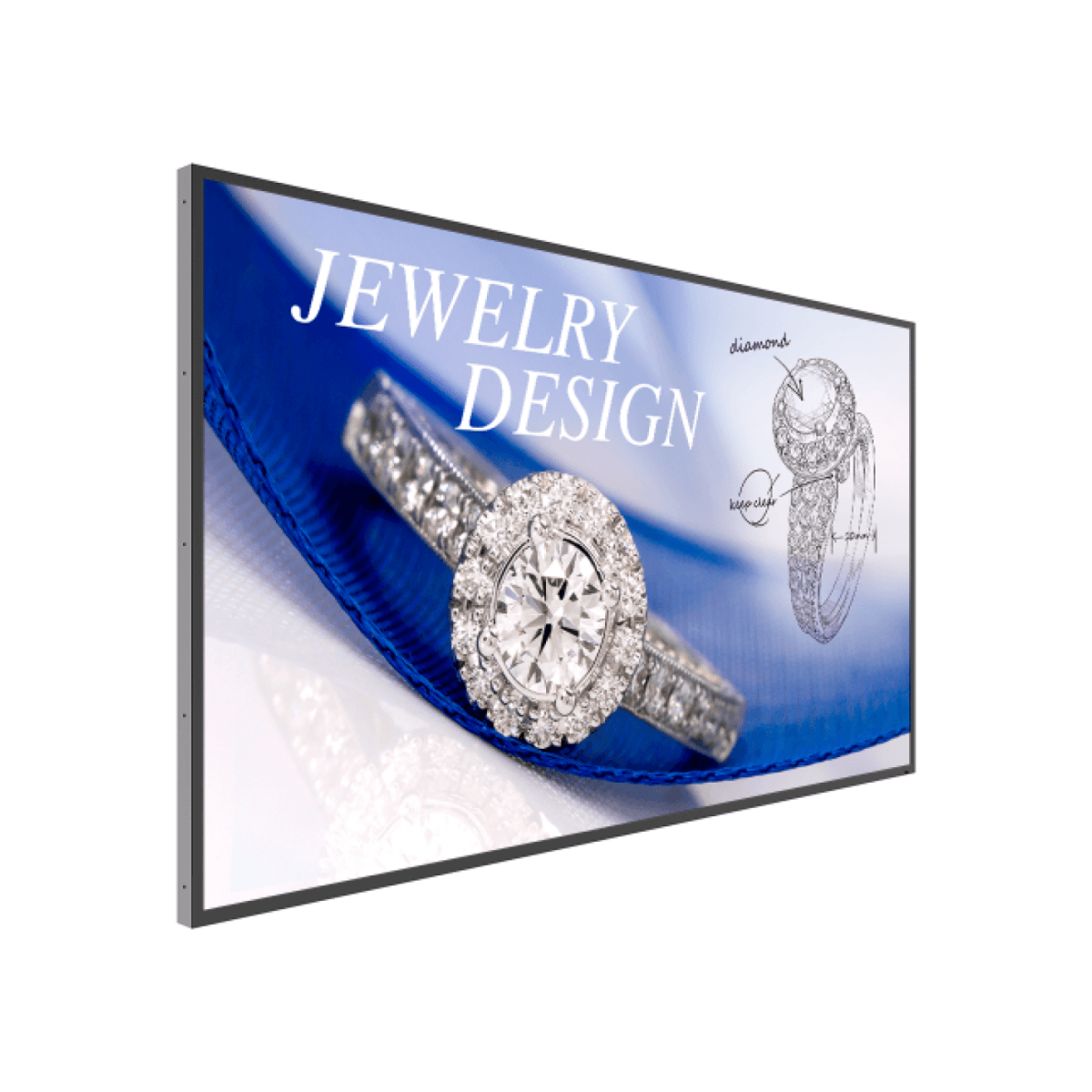 Schermo grande mostra pubblicità di design di gioielli con anello di diamanti e testo.