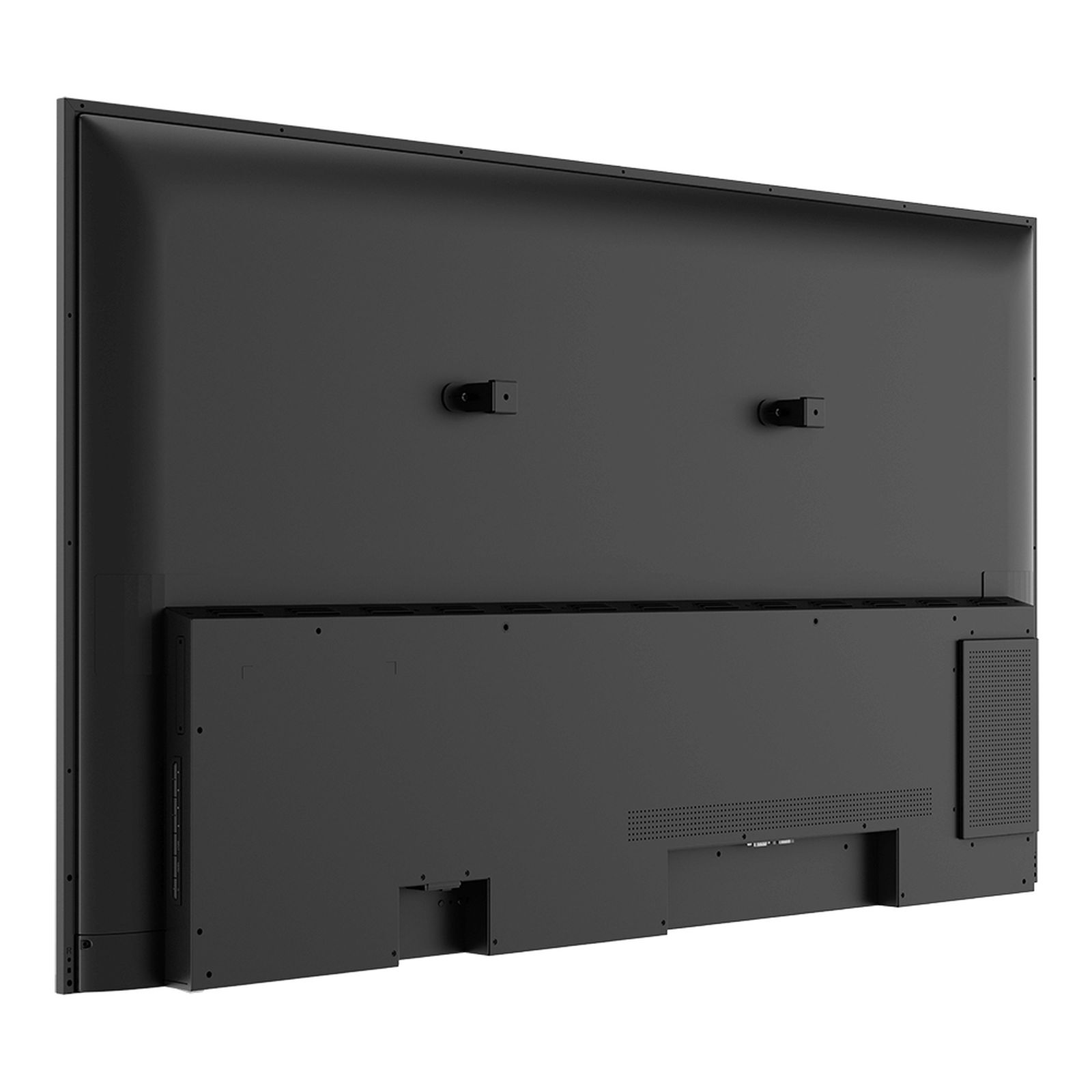 Retro di una grande TV nera con staffe di montaggio e porte di ingresso.