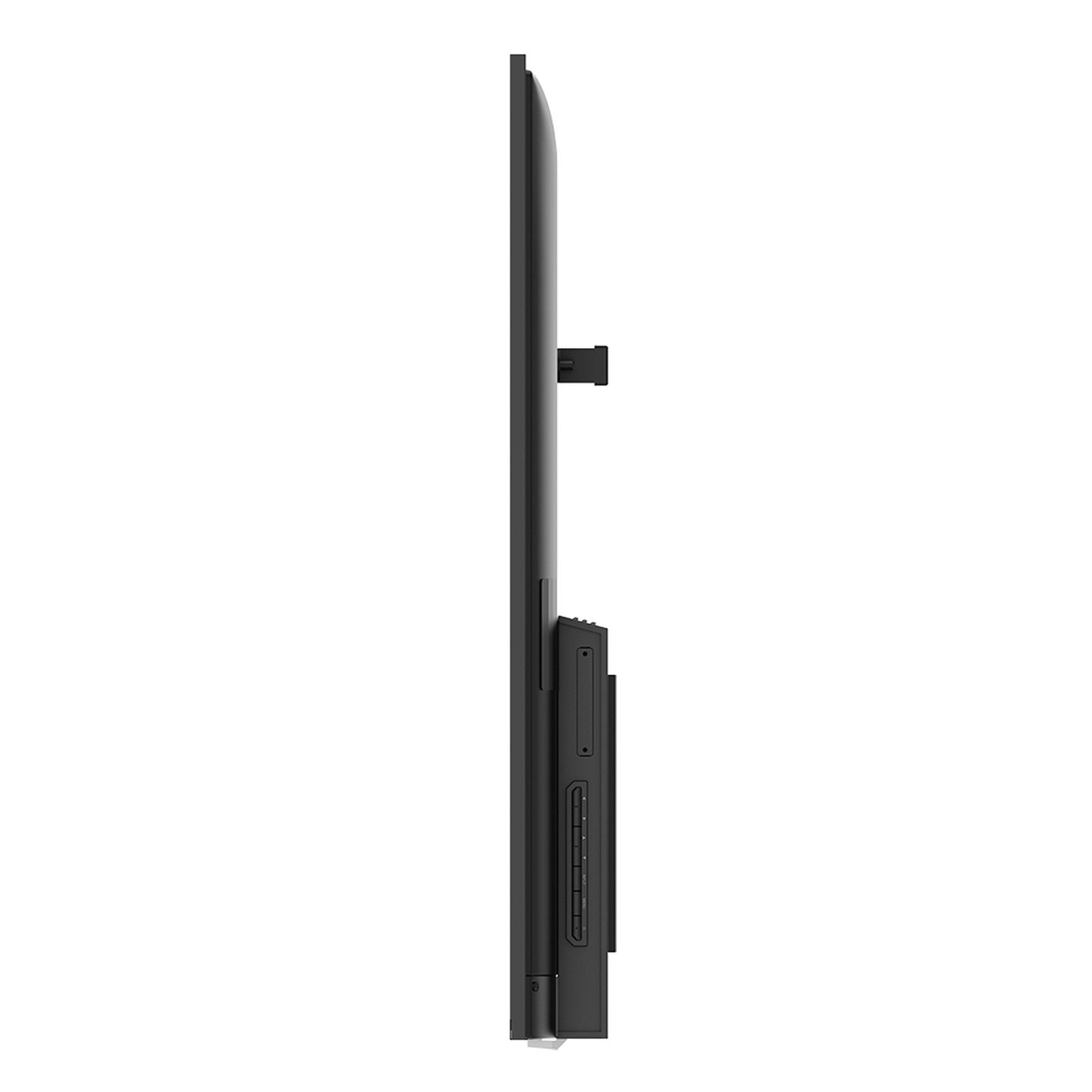 Una TV nera vista di lato. Ha un supporto e un pannello con pulsanti.