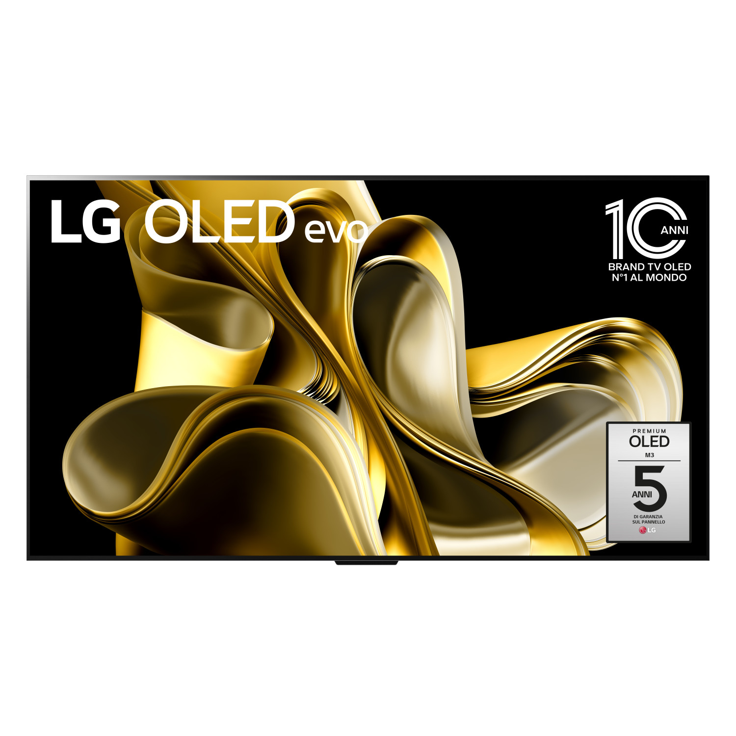 TV LG OLED evo, arte astratta dorata sullo schermo, logo LG bianco, 10 anni di marchio.