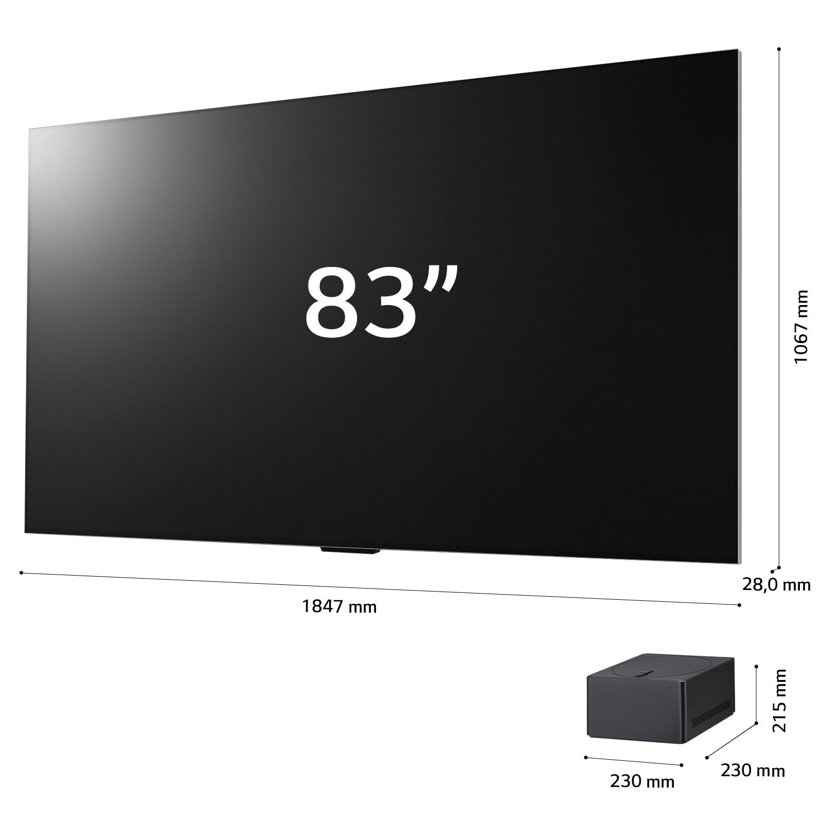 Grande schermo TV nero con dimensioni e una piccola scatola nera.