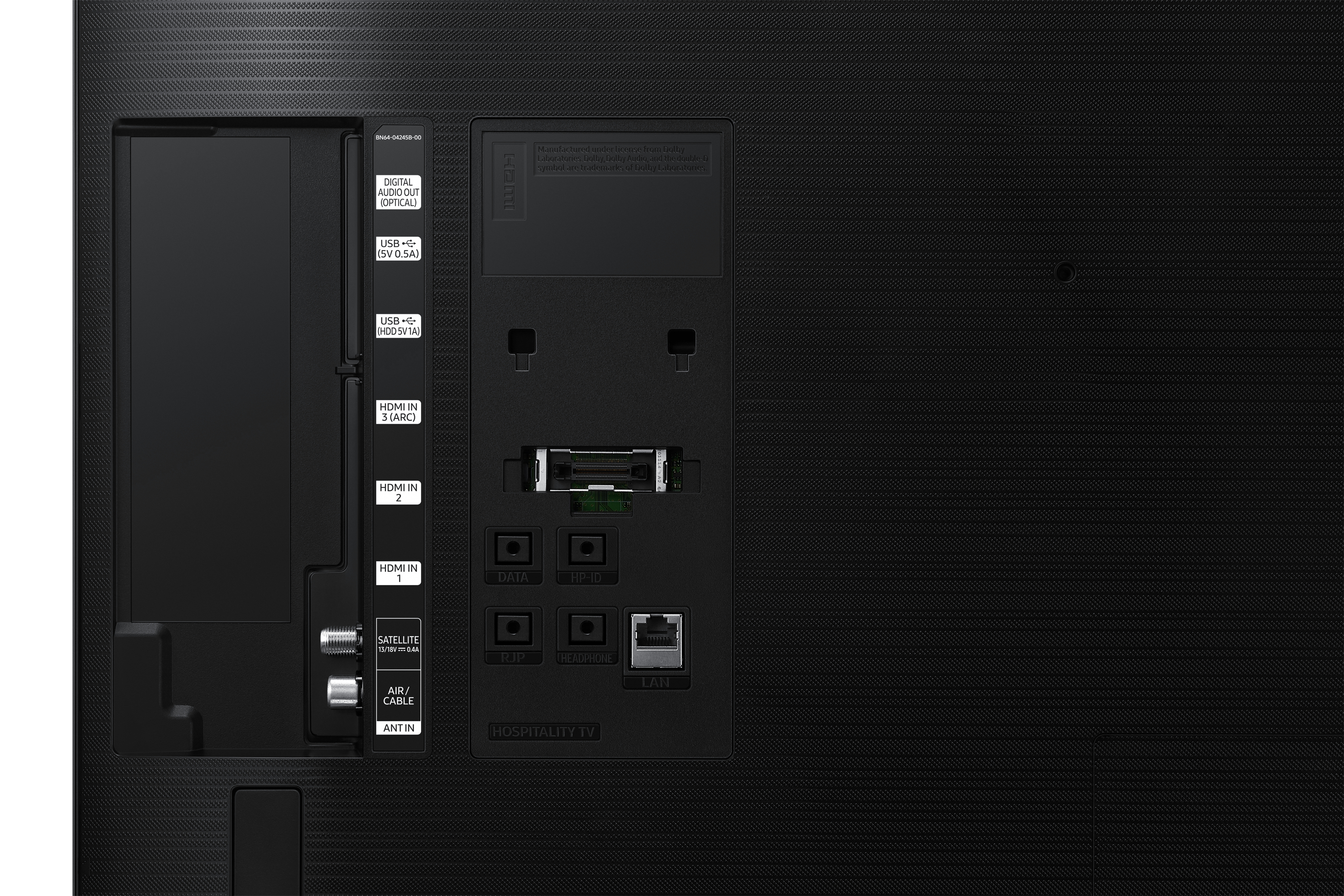Tylny panel czarnego telewizora Samsung, pokazujący różne porty i opcje połączeń.