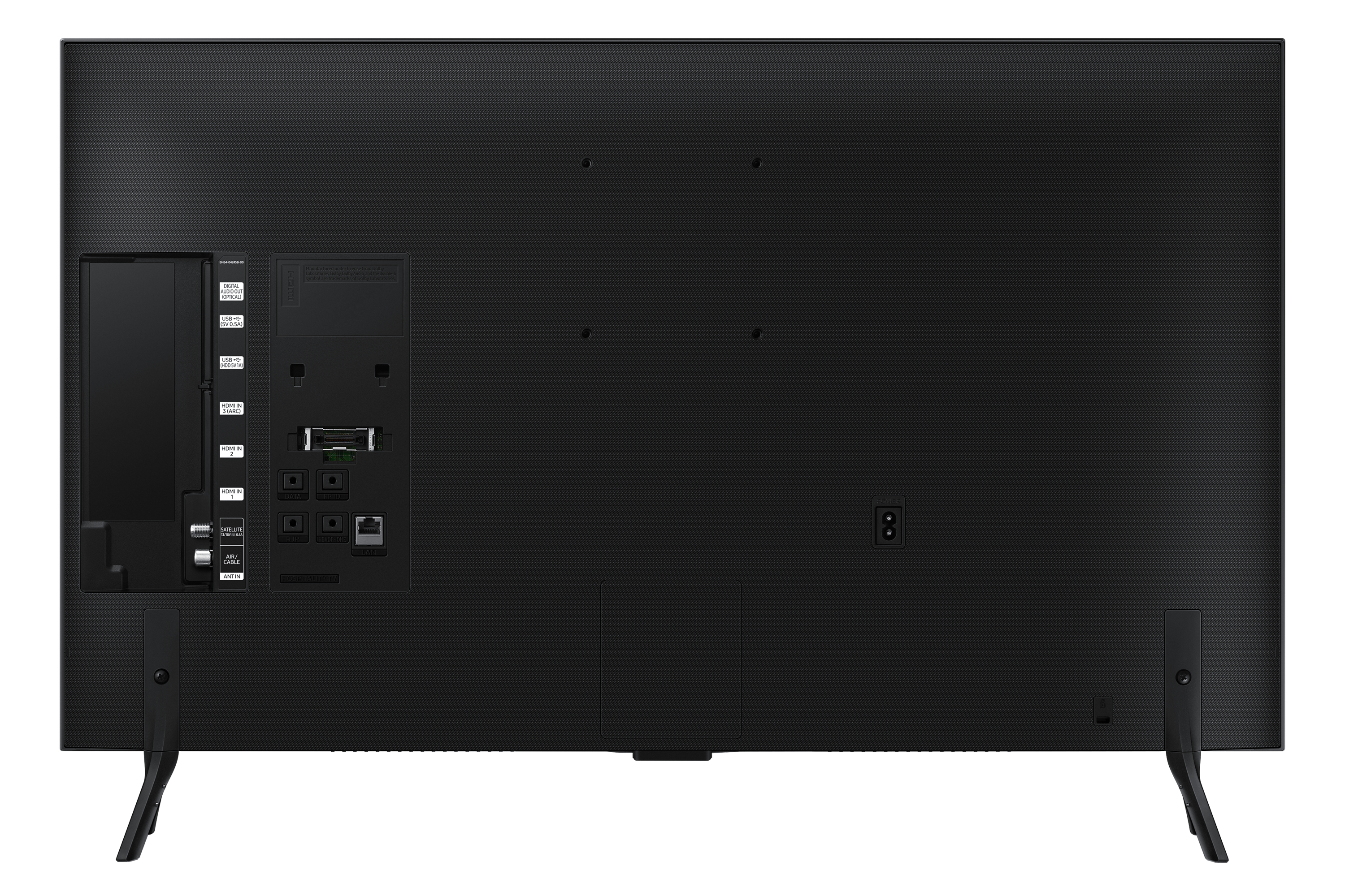 Tył czarnego telewizora Samsung z portami wejściowymi i nóżkami.