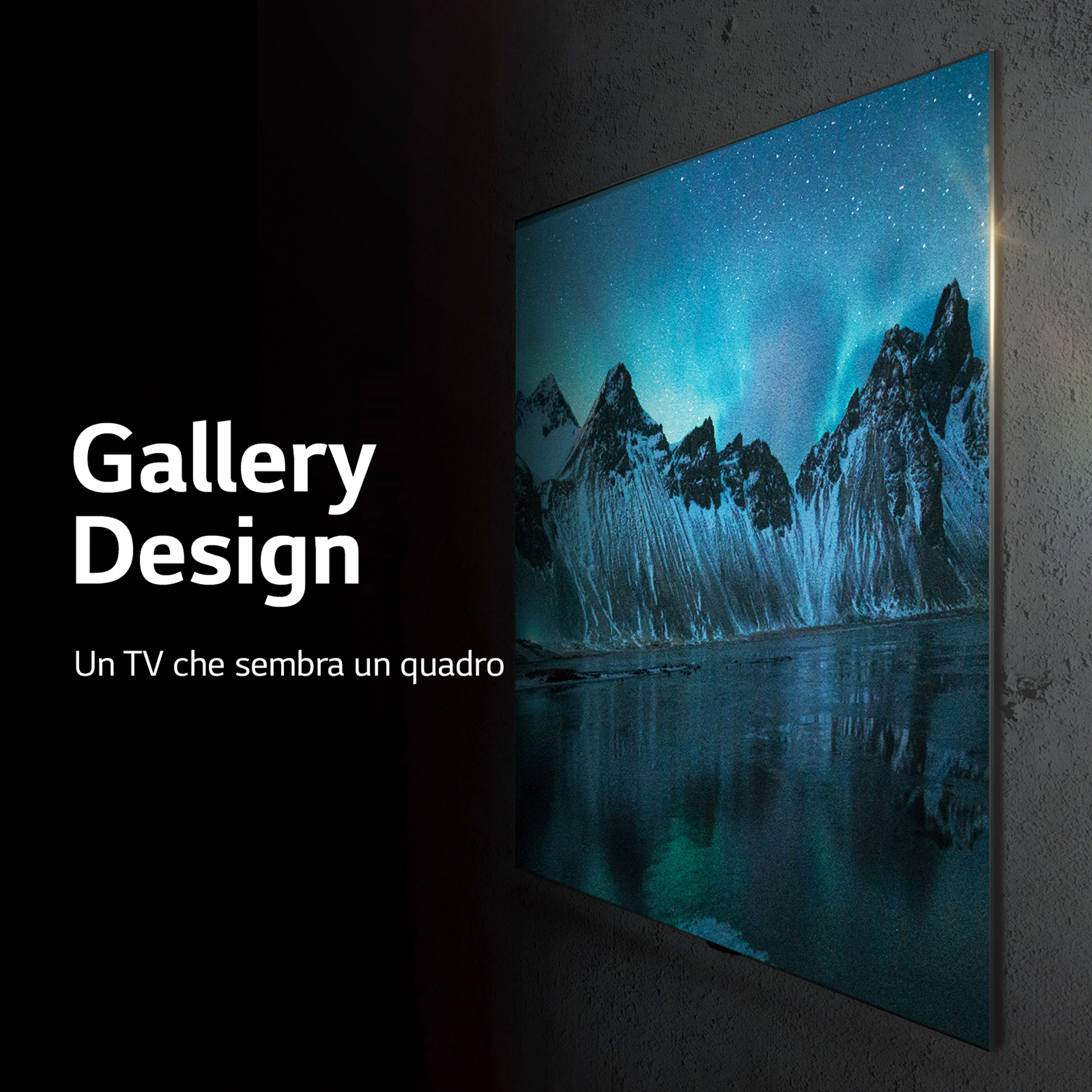 Schermo TV con un paesaggio di montagne sotto un cielo stellato, con il testo Design della galleria.
