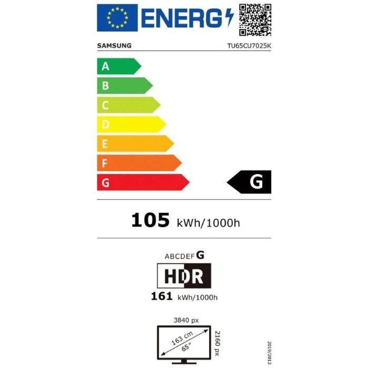 Etykieta efektywności energetycznej. TV z zielonymi do czerwonych pasków, ocena G i 105 kWh/1000h.