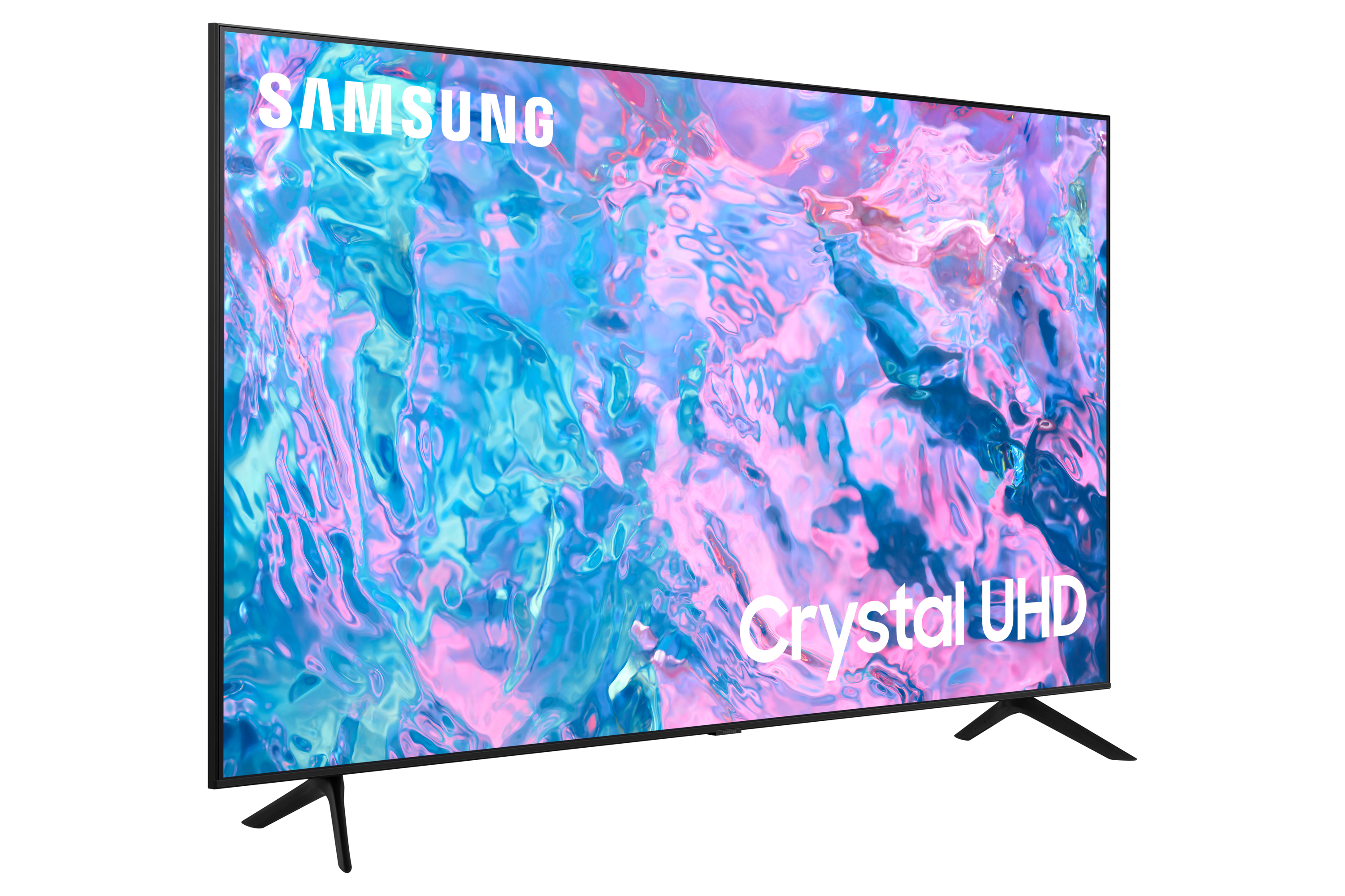 Telewizor Samsung wyświetla rozmyty abstrakcyjny wzór. Tekst: 'Crystal UHD'.