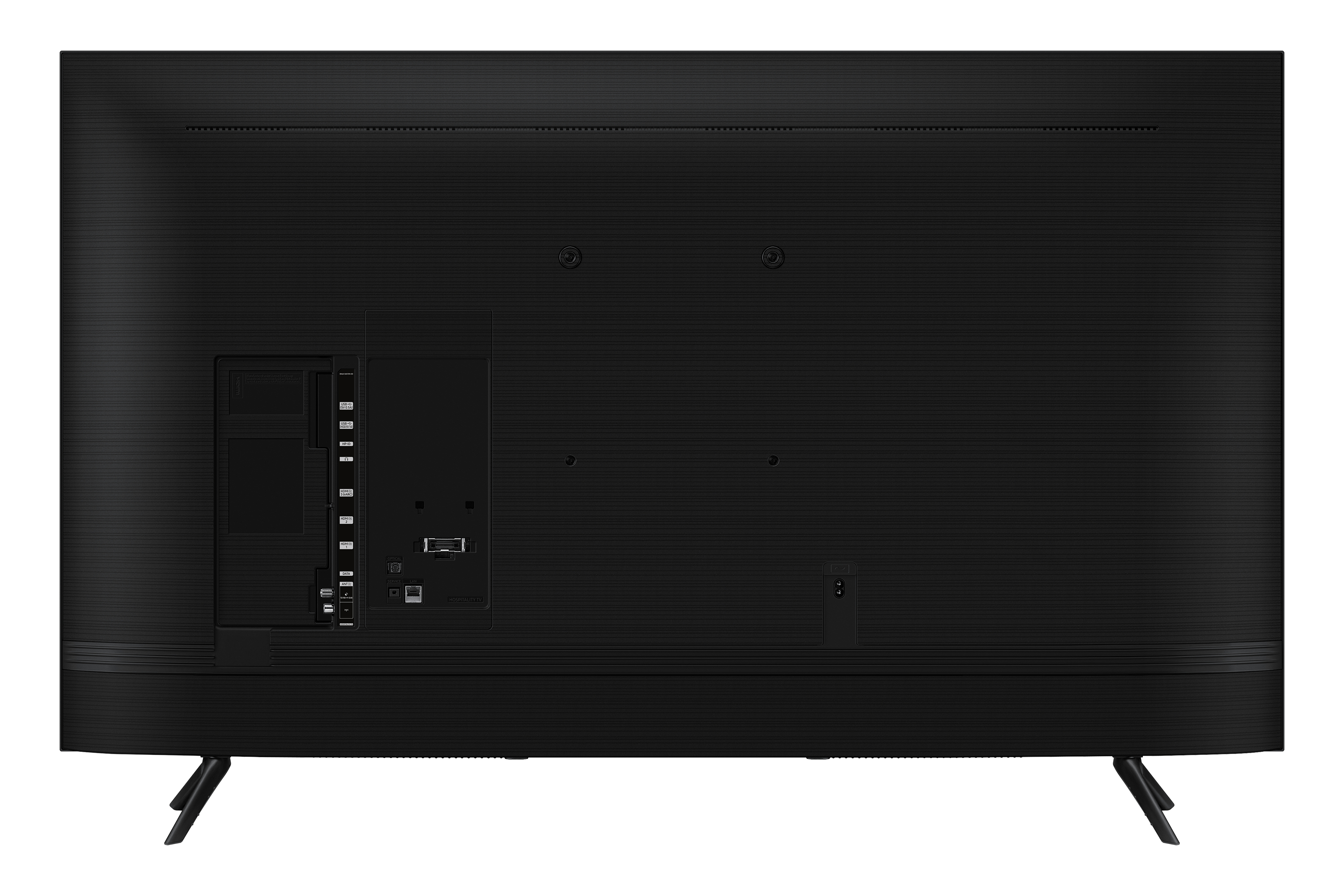 Widok z tyłu czarnego telewizora z portami i podstawkami. Białe tło.