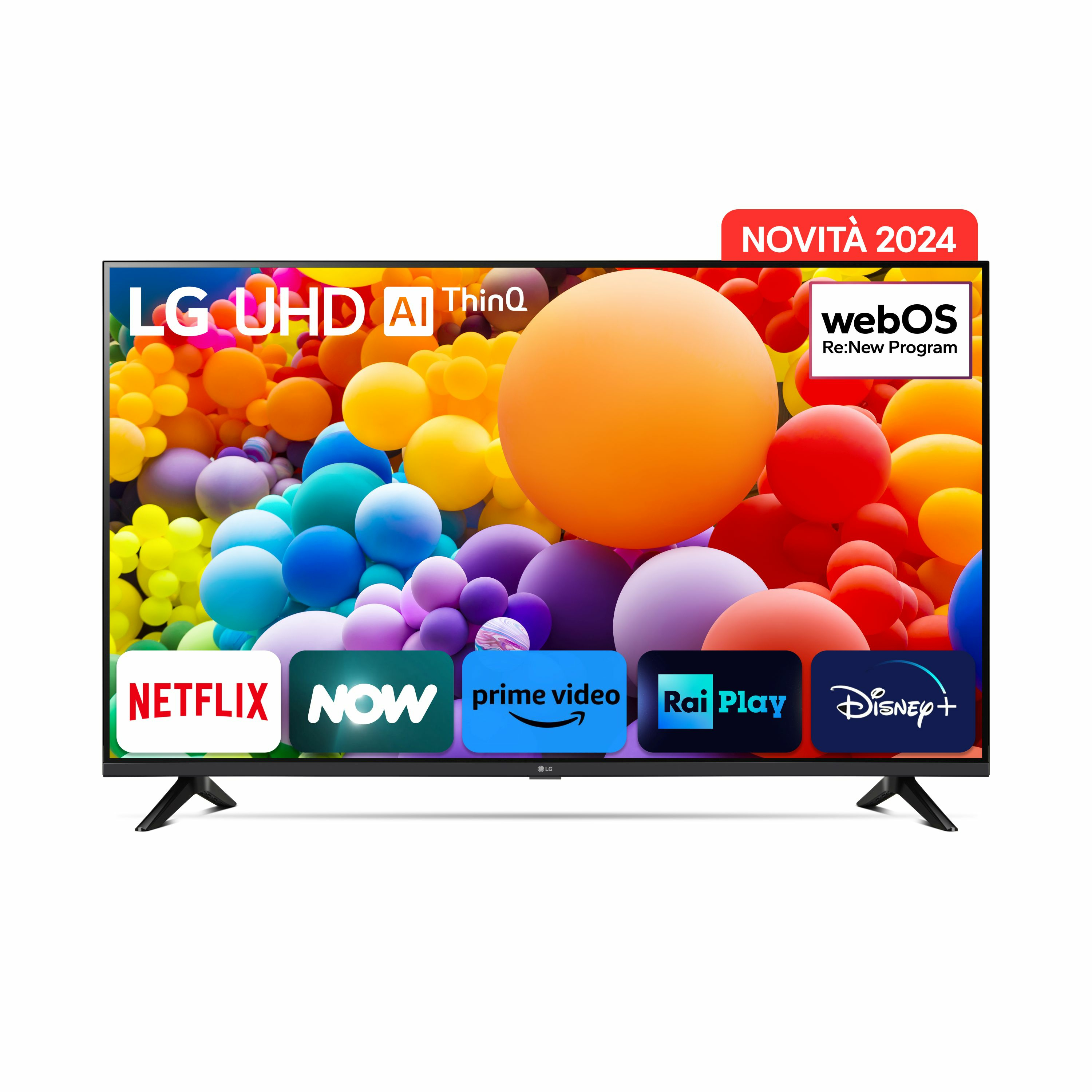 TV moderno con display colorato, loghi Netflix, Now, Prime, RaiPlay e Disney+.