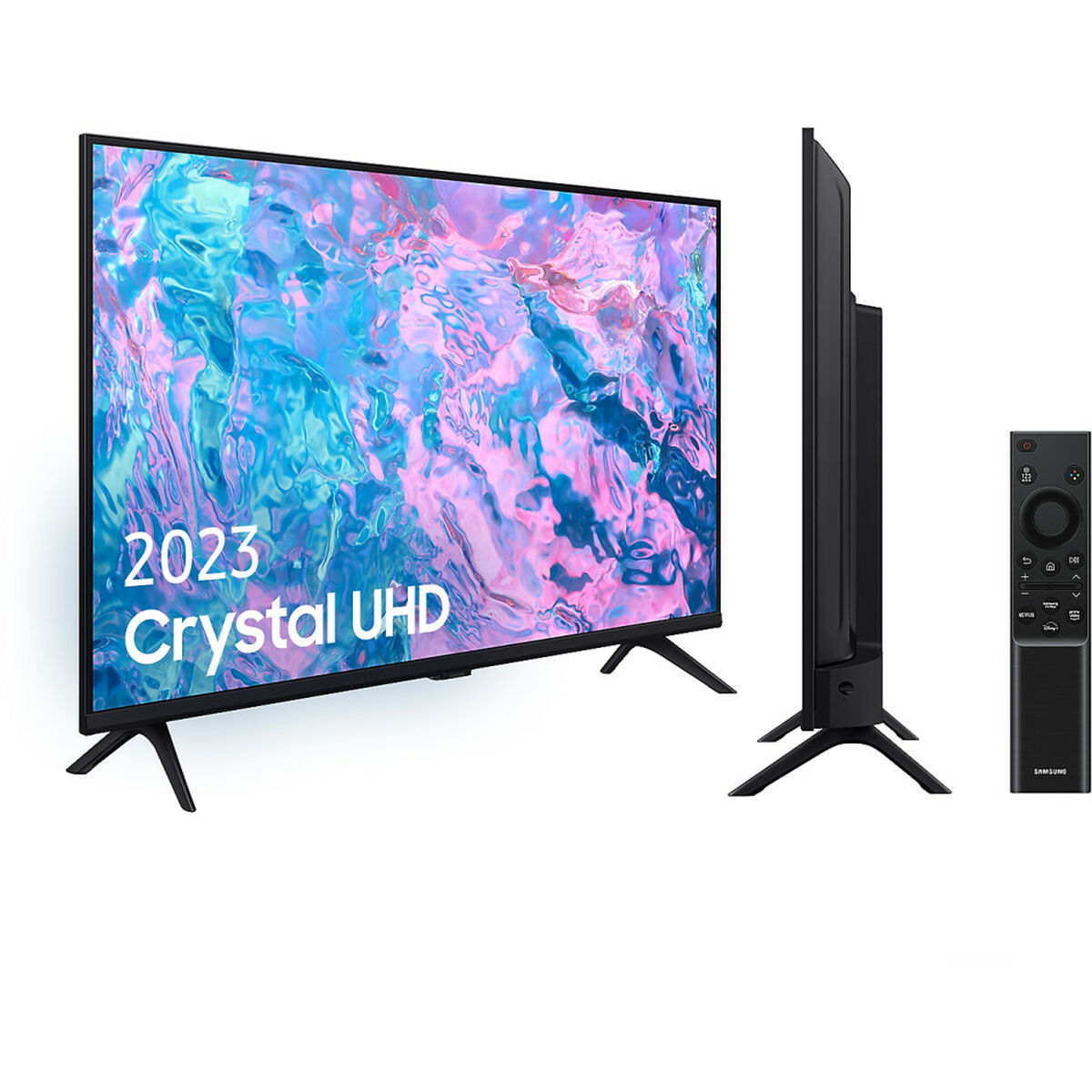 Un televisore Samsung Crystal UHD con una vista laterale e un telecomando su sfondo bianco.