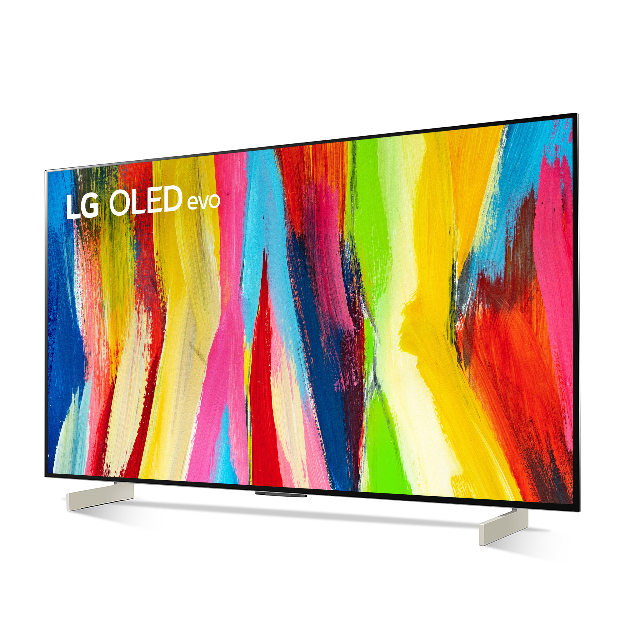 Telewizor LG OLED evo z kolorowym obrazem na ekranie i białą podstawą.