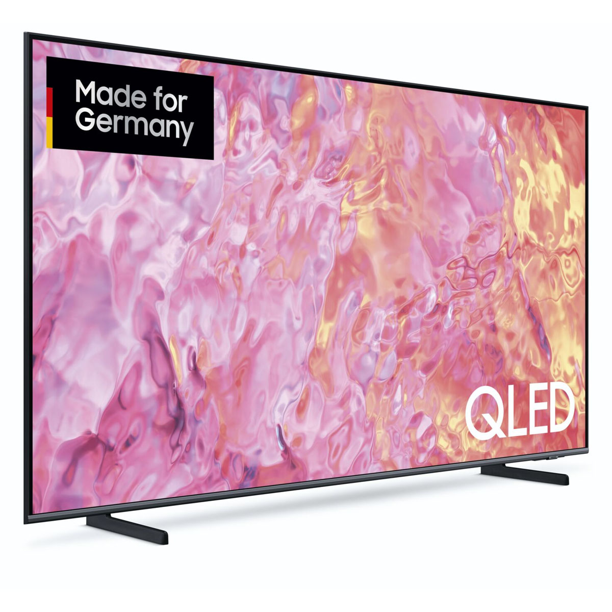 Un televisore QLED con il logo Made for Germany. Ha una cornice nera e un display rosa.