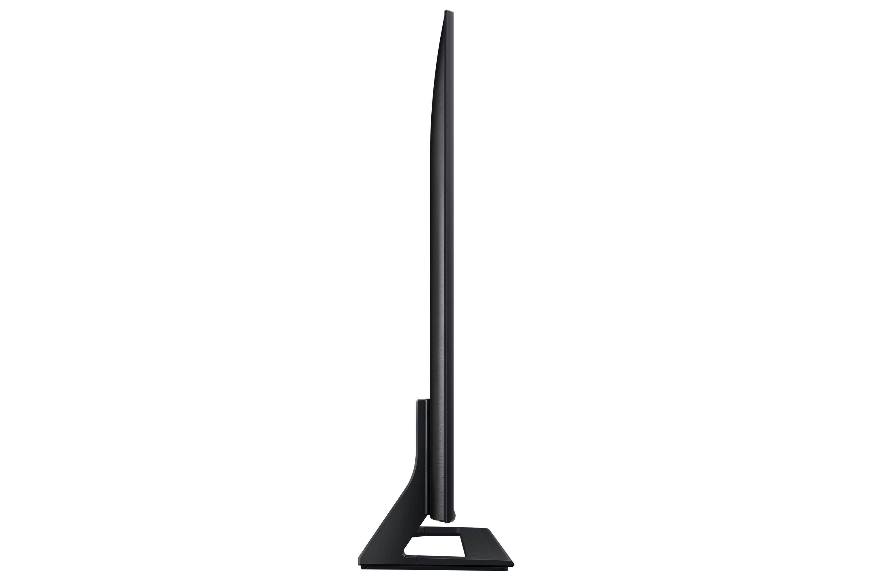 Widok z boku czarnego telewizora na białym tle.