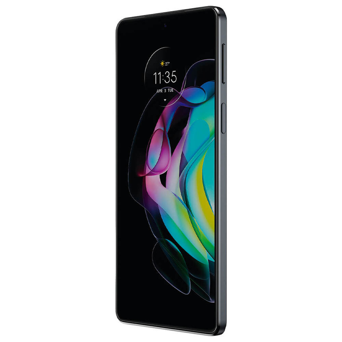 Czarny telefon z ekranem wyświetlającym godzinę, z kolorowym tłem, widok z boku.