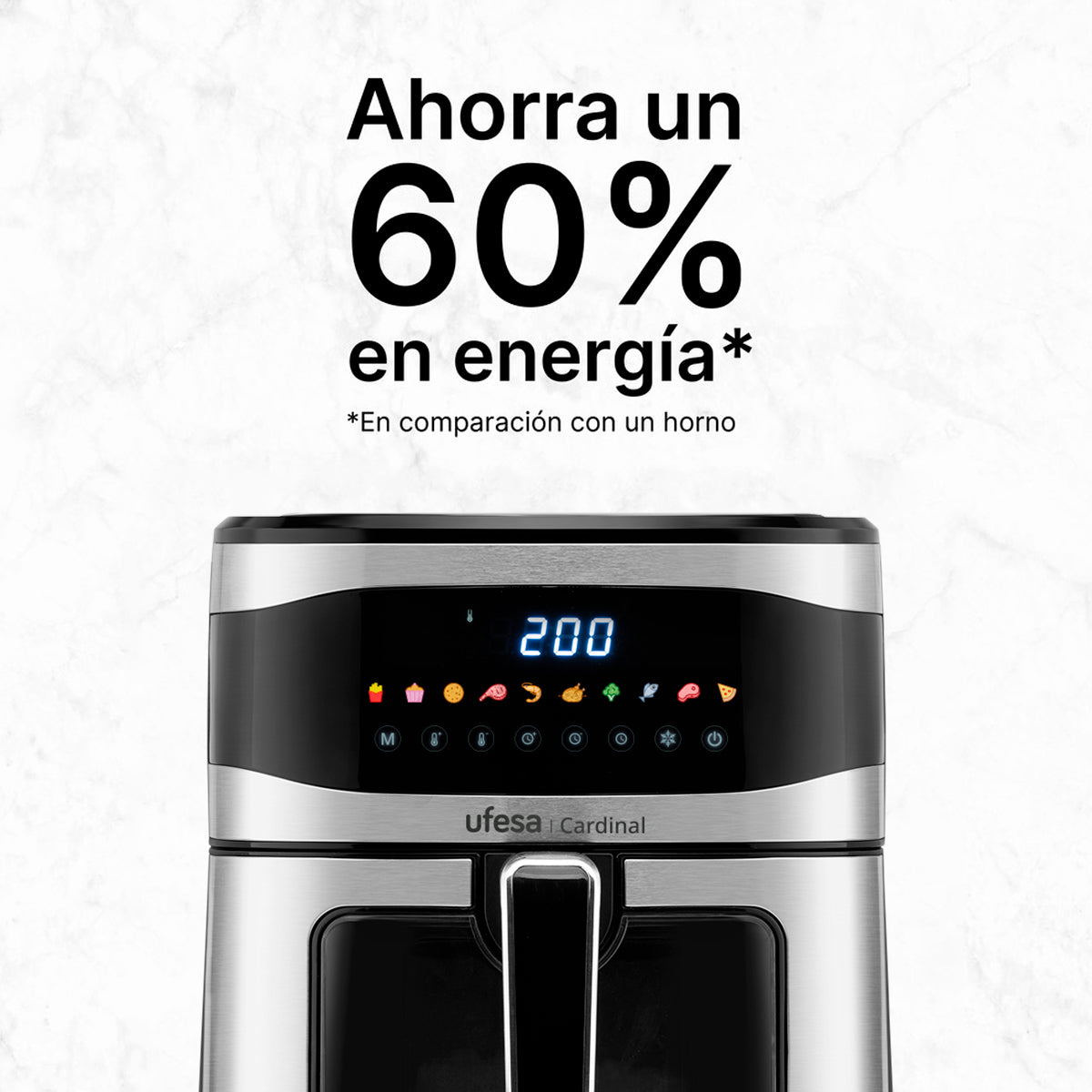 Frytkownica powietrzna z cyfrowym wyświetlaczem pokazującym 200. Tekst: Oszczędź 60% energii.