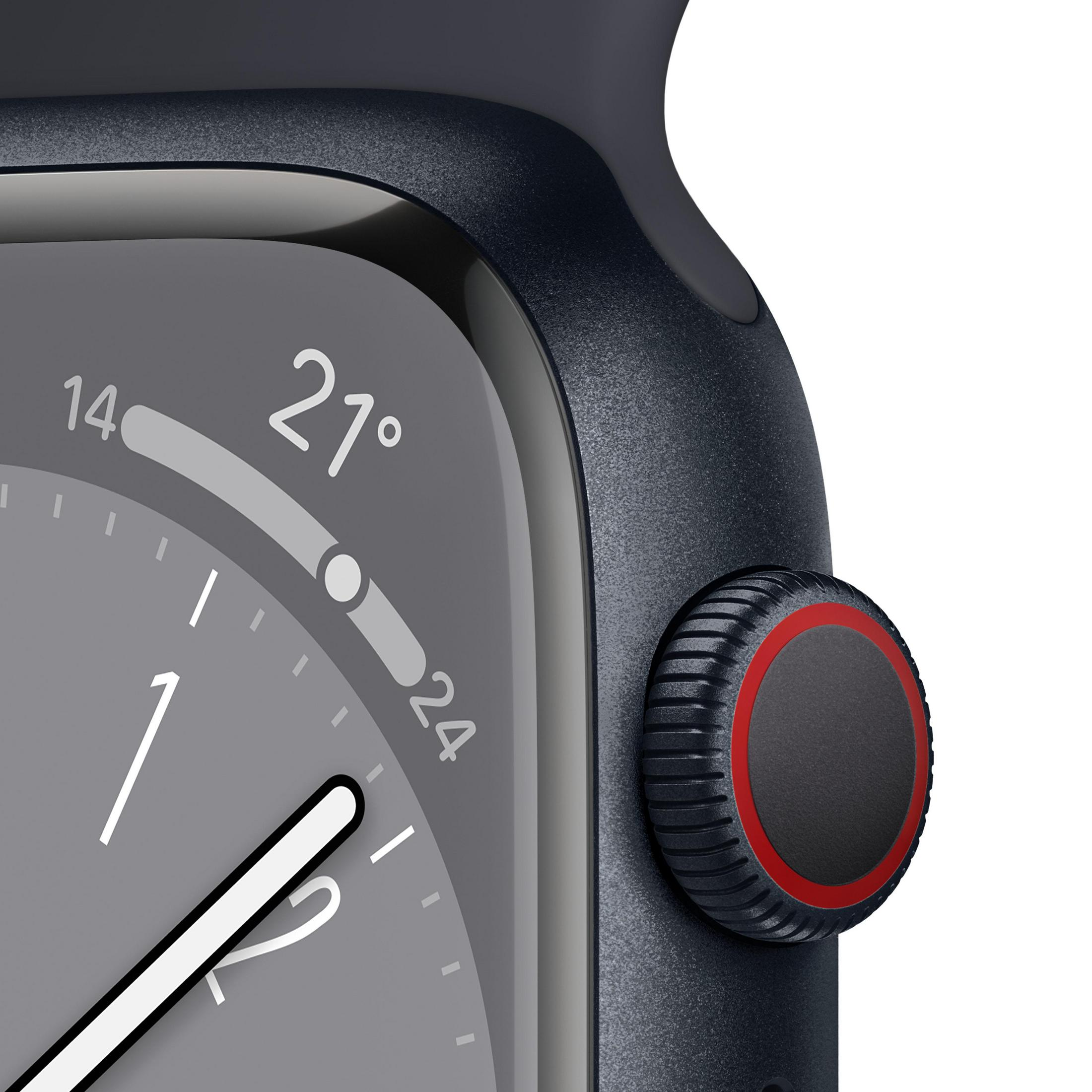 Nahaufnahme eines schwarzen Apple Watch-Zifferblatts, das Uhrzeit, Datum und ein rot akzentuiertes Zifferblatt anzeigt.