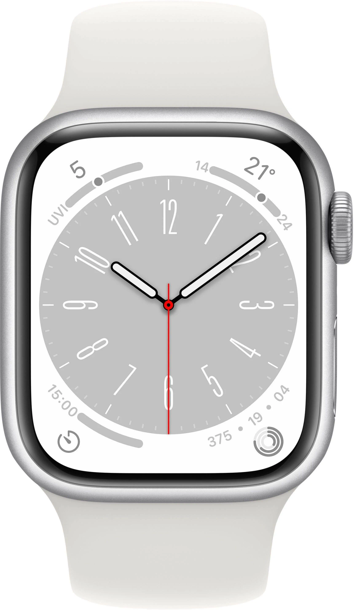 Silberne Apple Watch mit weißem Armband. Weißer Hintergrund.