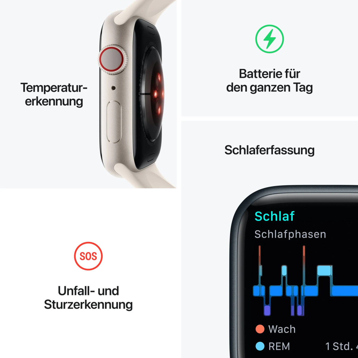 Eine Smartwatch zeigt eine Seitenansicht mit Text und eine Schlafanalyse auf dem Bildschirm.