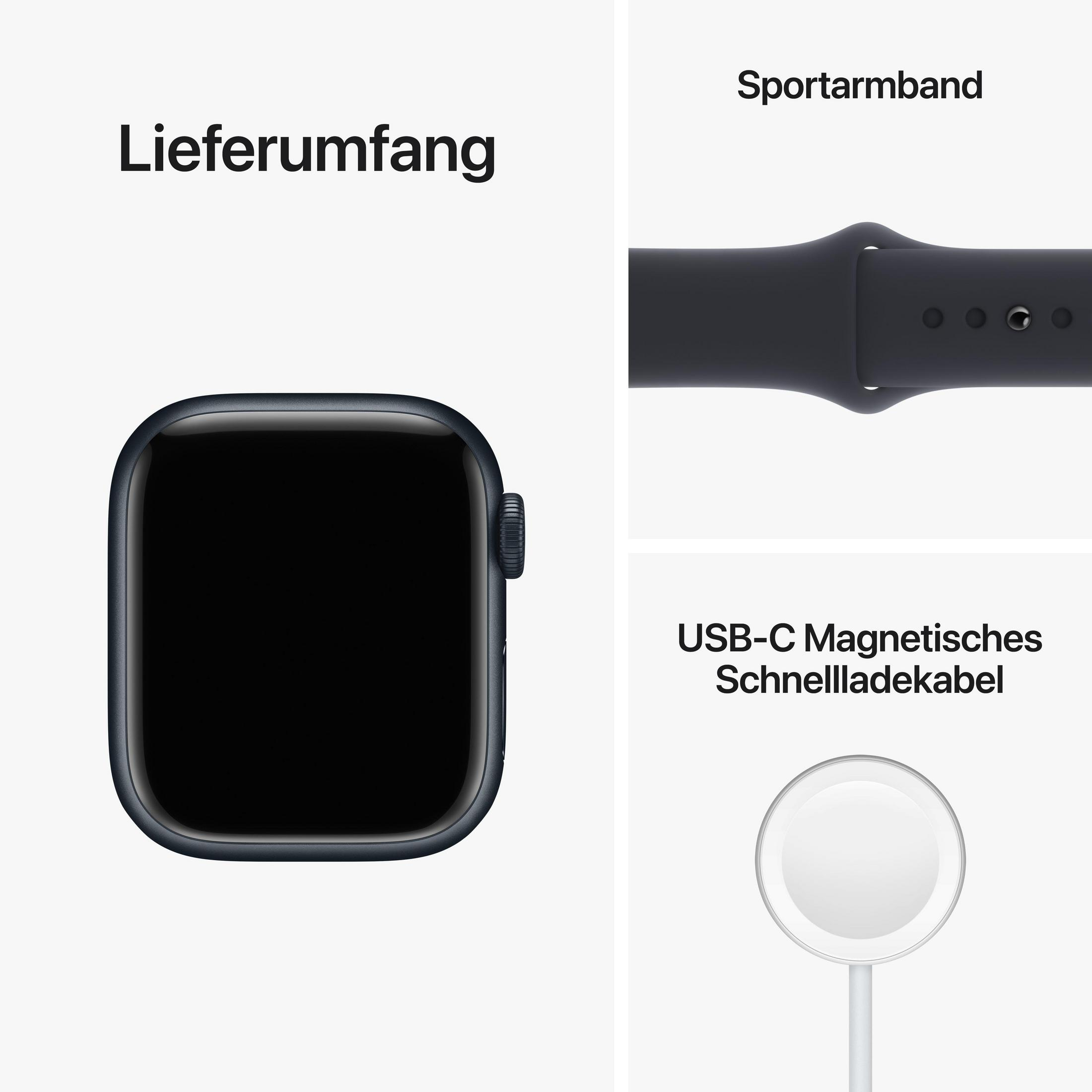Eine schwarze Smartwatch mit dunkelblauem Armband und Ladekabel. Der Hintergrund ist weiß.