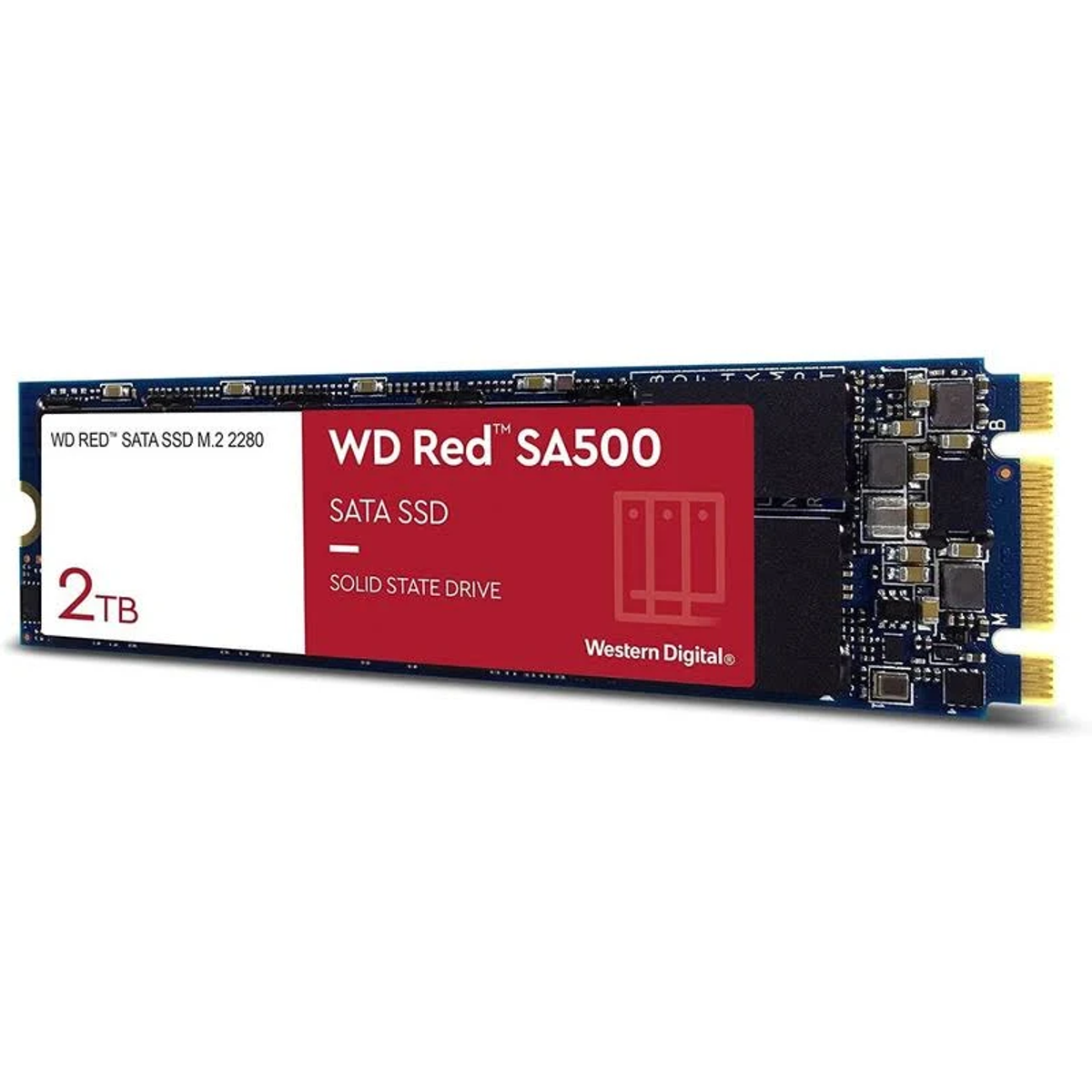 WD Red SA500 2TB SATA SSD, czerwona etykieta, dysk SSD, logo WD.