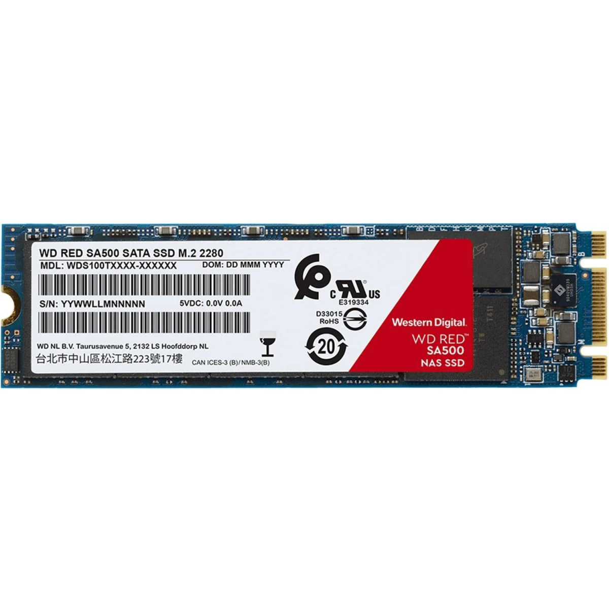 WD Red SA500 SATA SSD M.2 2280, niebieski i czerwony element elektroniczny.