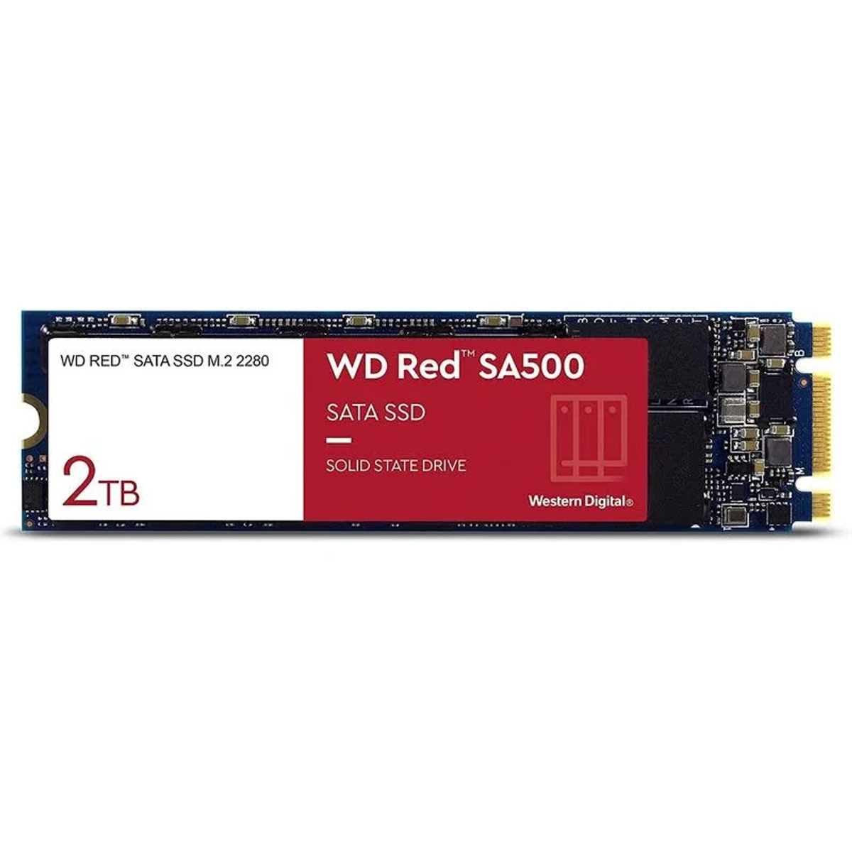 WD Red 2TB SATA SSD. Biała i czerwona etykieta na czarnym SSD. Dysk SSD.