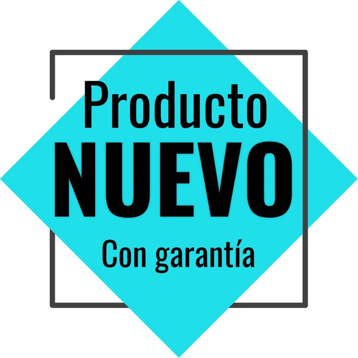 Etykieta produktu z tekstem: “Producto NUEVO Con garantía” na niebieskim diamentie, białe tło.