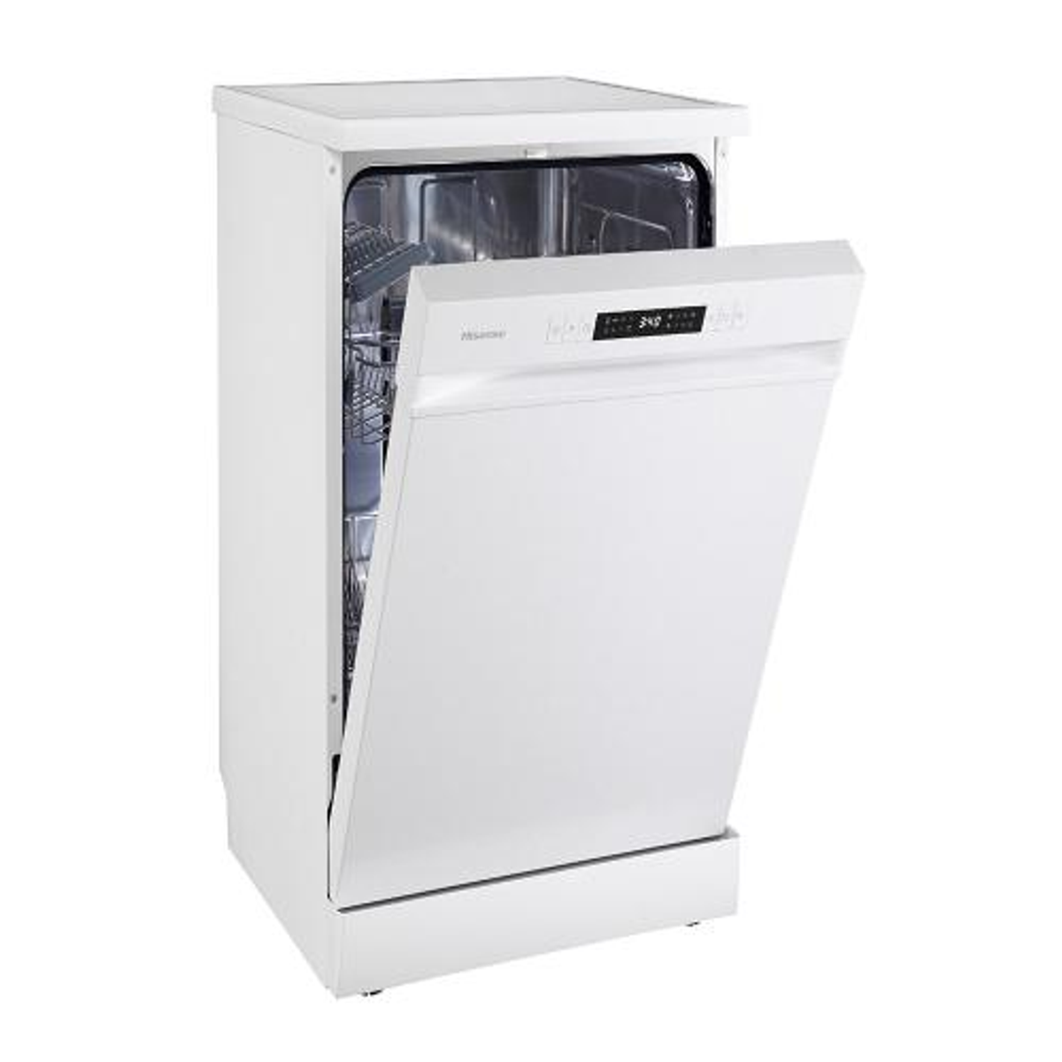 Biała zmywarka z otwartymi drzwiami. Widoczne wewnętrzne kosze. Panel sterowania na górze.