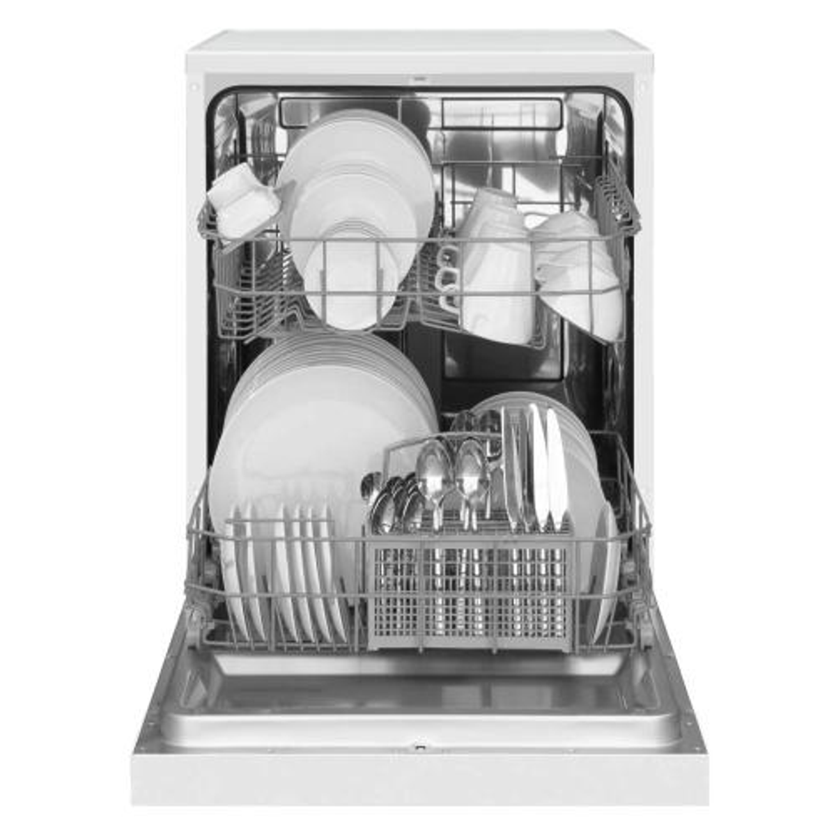 Lavavajillas blanco con puerta abierta, lleno de platos, tazas y cubiertos.