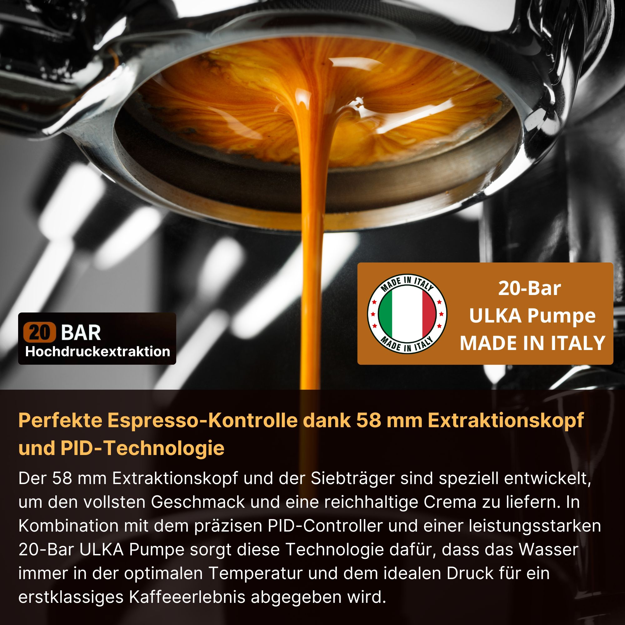 Espressomaschine, die Kaffee ausgießt. Text: 20-Bar, 58 mm Extraktionskopf.