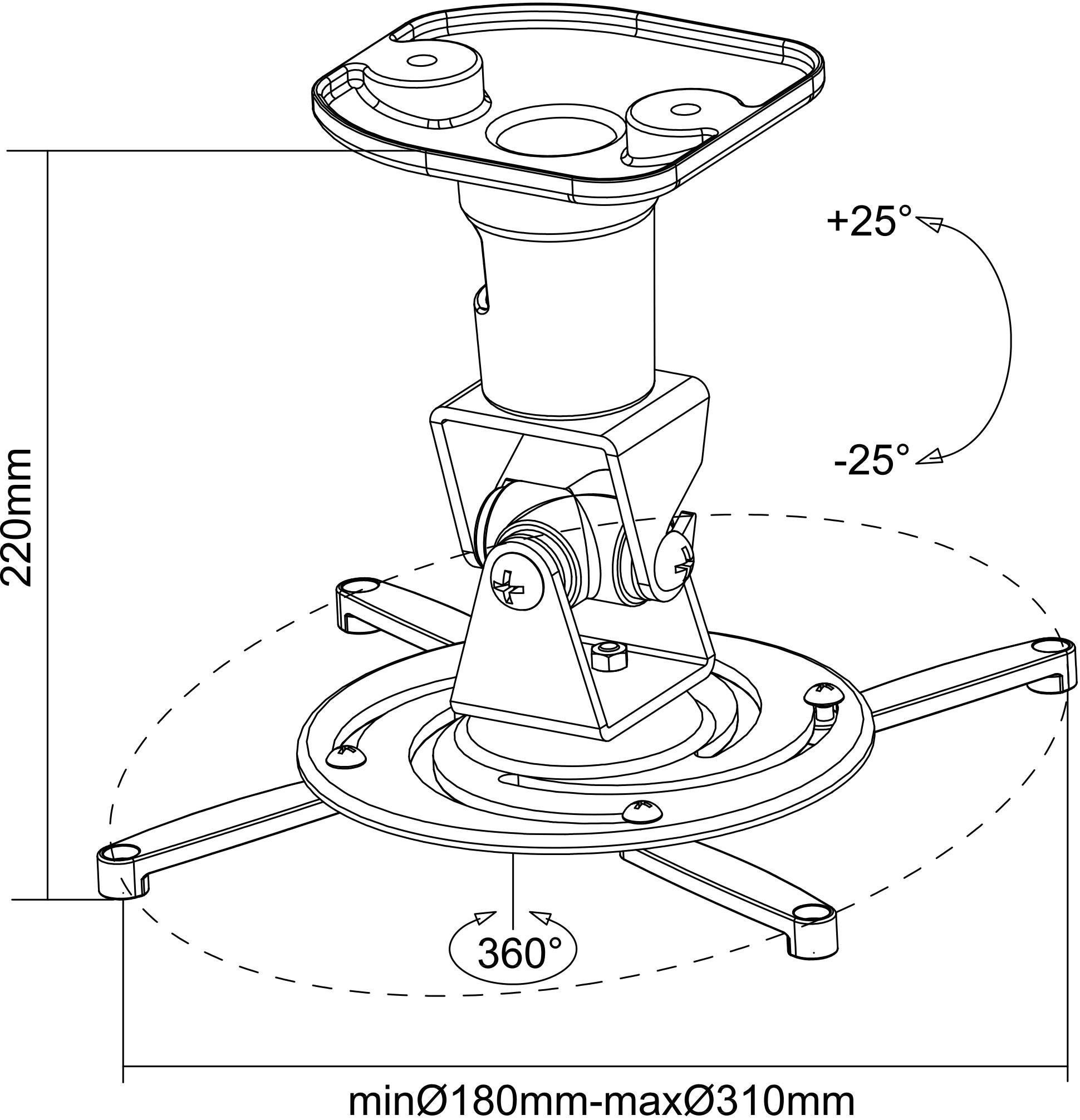 Diagram van een projectorbevestiging met afmetingen en hoekinstellingen.