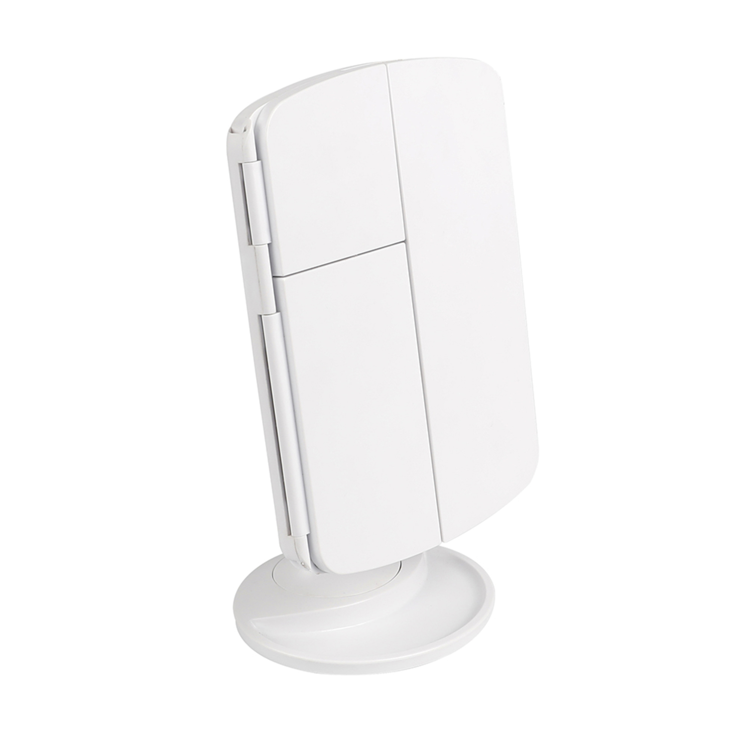 Un espejo blanco, plegable, iluminado con base redonda, inclinado en ángulo.