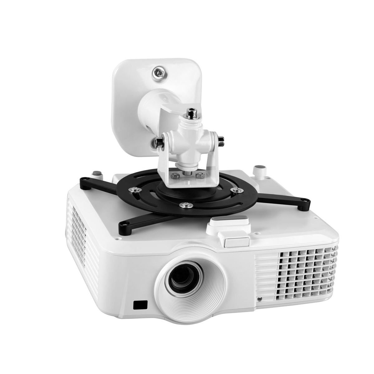 Biały projektor i wspornik montażowy. Białe tło.