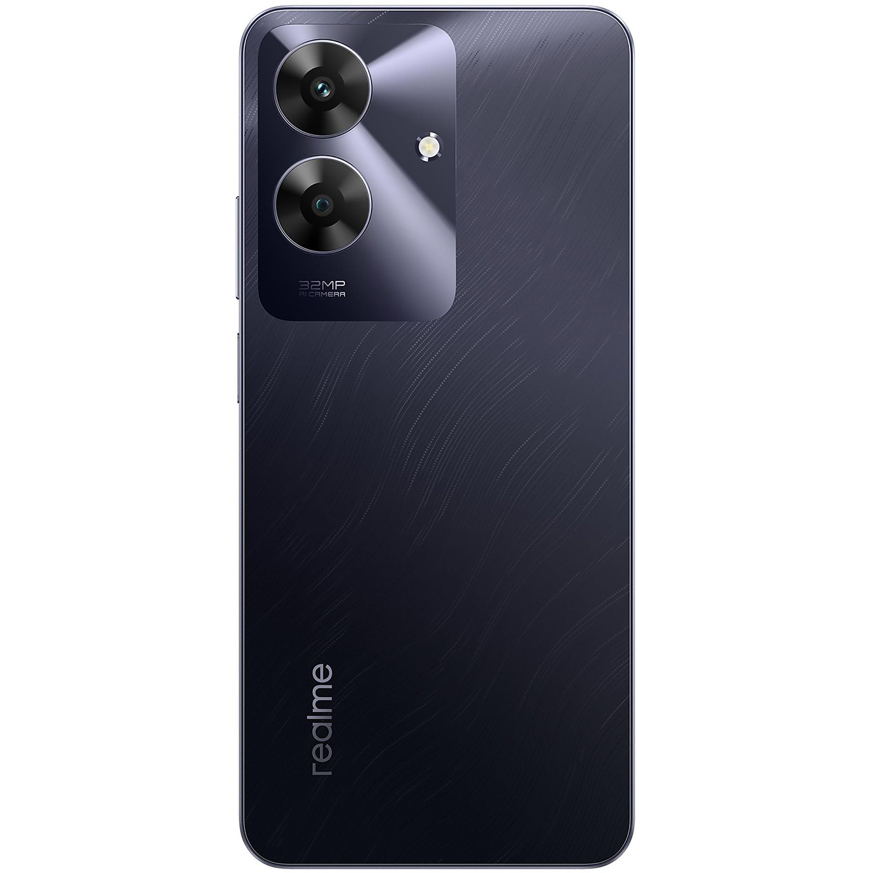 Realme-Handy, Rückansicht, dunkelviolett. Zwei Kameras, Realme-Text. Weißer Hintergrund.