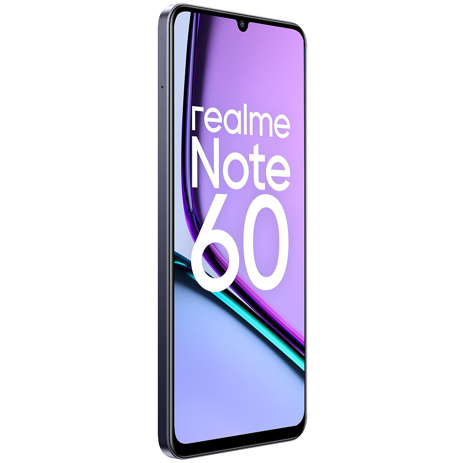 Un teléfono inteligente con pantalla morada. Se muestra el texto realme Note 60.