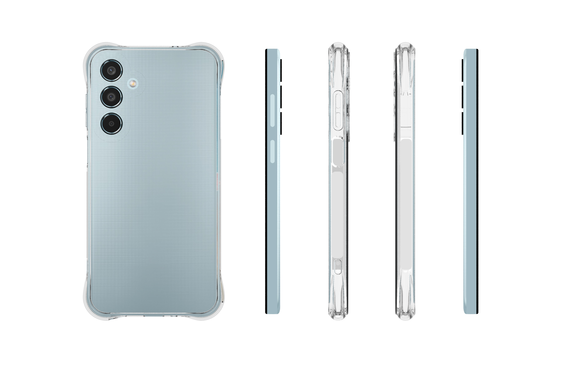 Ein Smartphone mit Schutzhülle, das Gerät aus verschiedenen Winkeln zeigt.