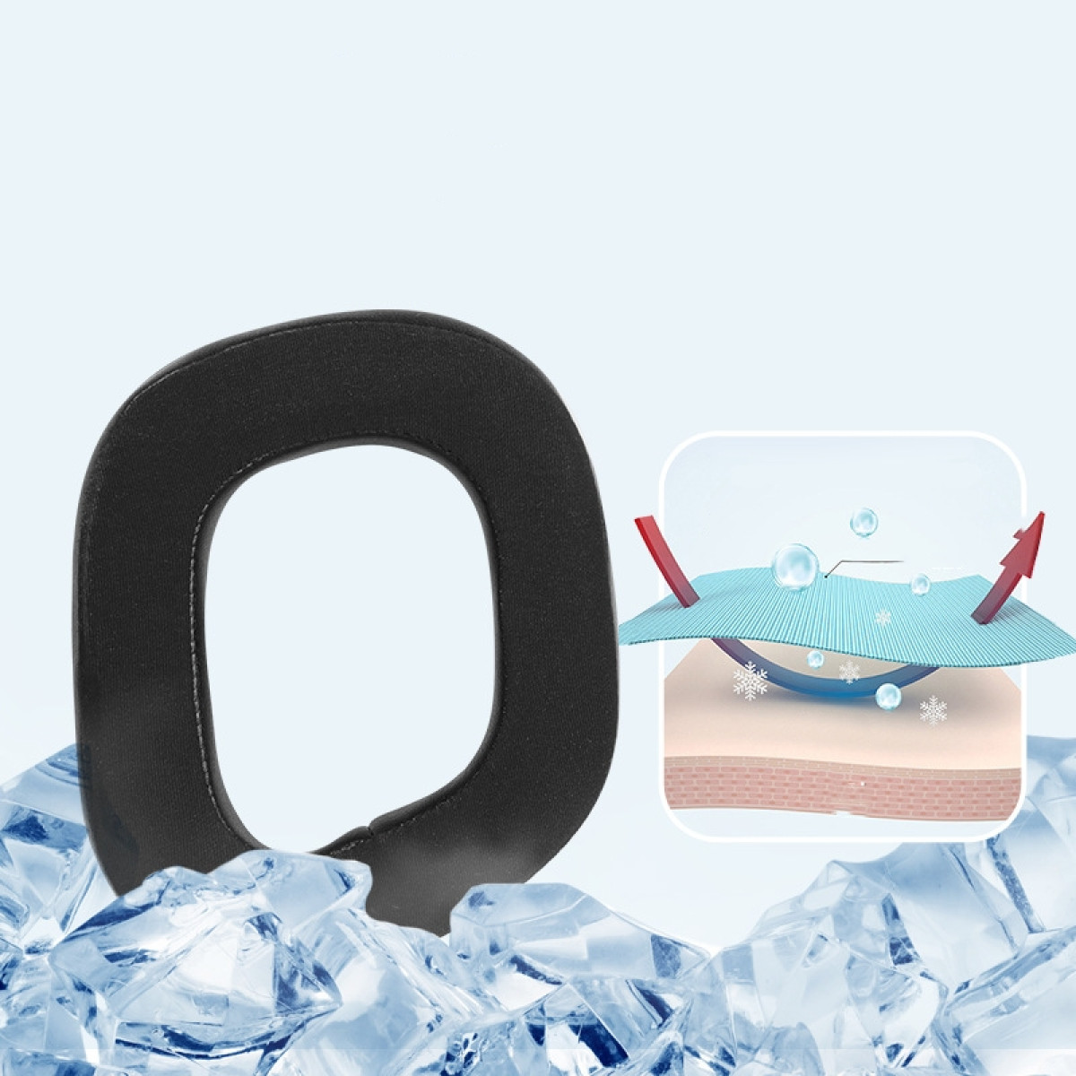 Czarna poduszka na uszy z diagramem pokazującym chłodzenie przez kostki lodu.